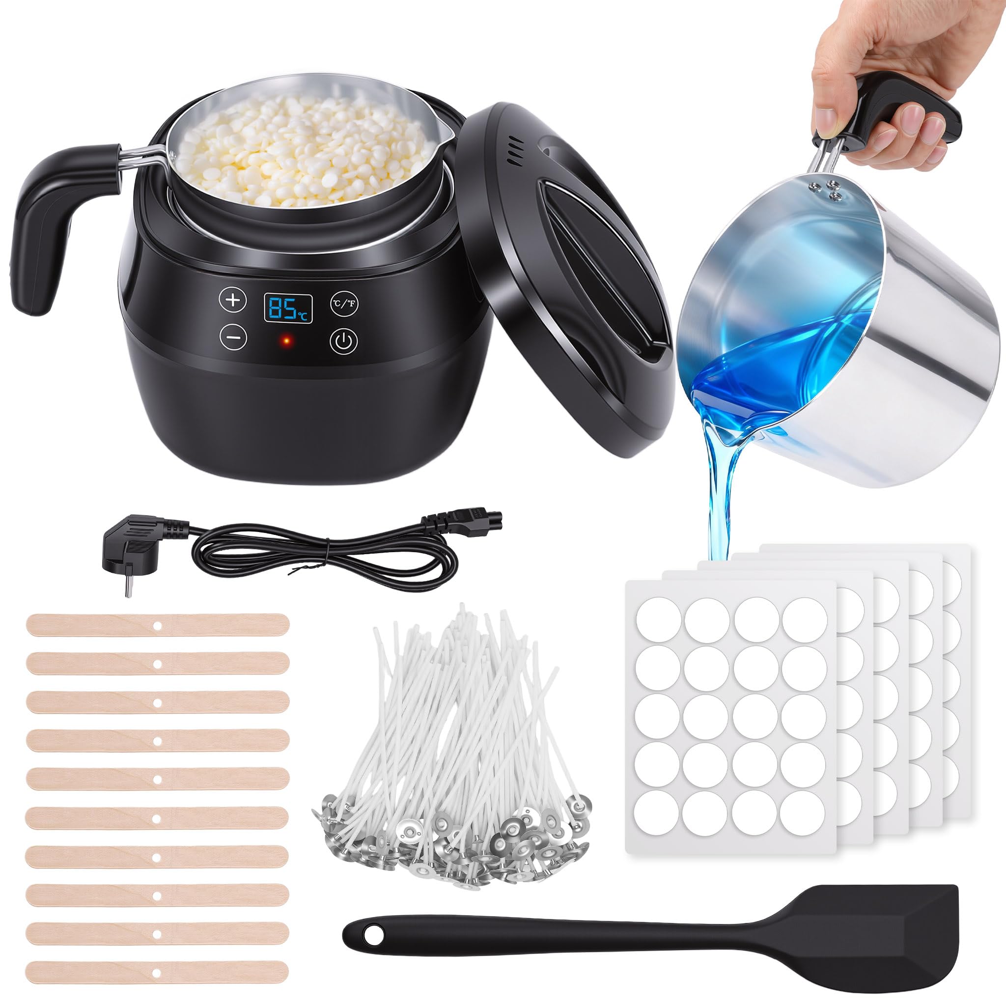 Fondeur de Cire Bougie Électrique 1L 150 W, Kit Fabrication Bougie Fondoir Cire Bougie avec Affichage de la Température, Mèches, Dispositif de Centrage et Cuillère Mélangeuse