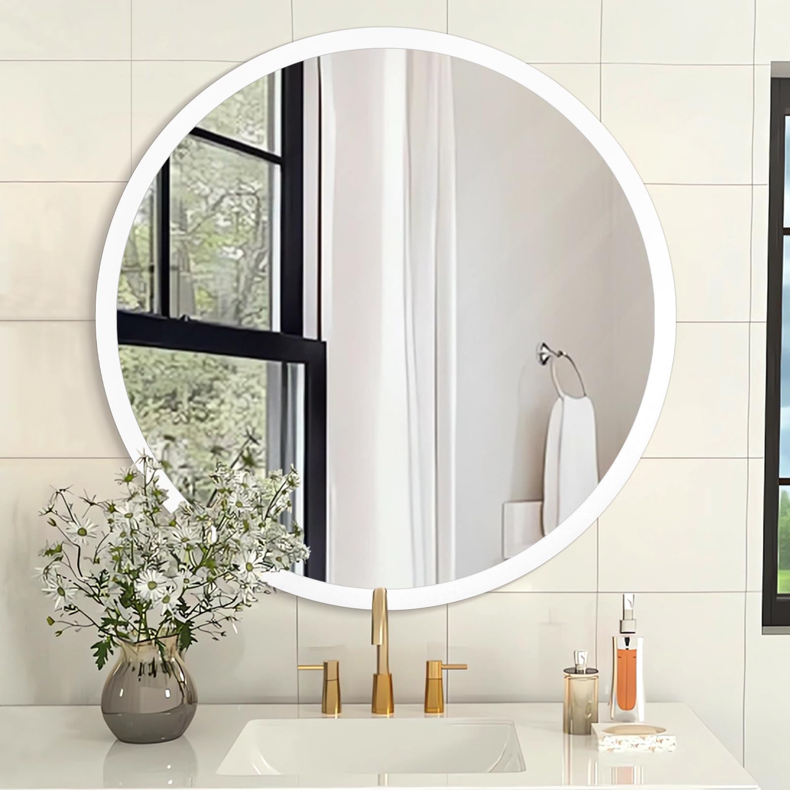 AOAOPQ Round Mirror White Metal Frame Circle Wall Mirrors for Entryway Bathroom Vanity Living Room ative Wall Circle Mirror