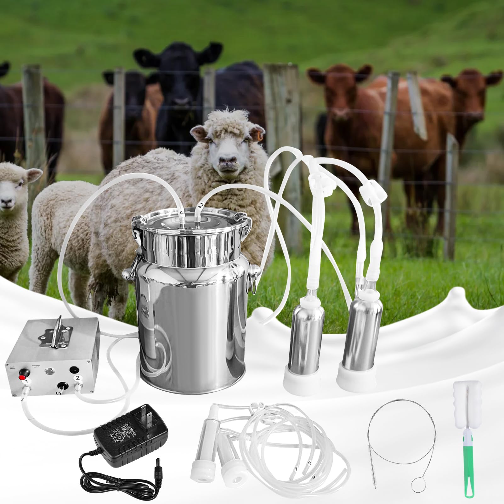 2025 Upgrade Model Goat Milking Machine,7L Continuously Adjustable Suction Pulsation Vacuum Electric Milker,Portable Automatic Breast Pump with Teat Cups Stainless Steel Bucket for Goats and Cows
