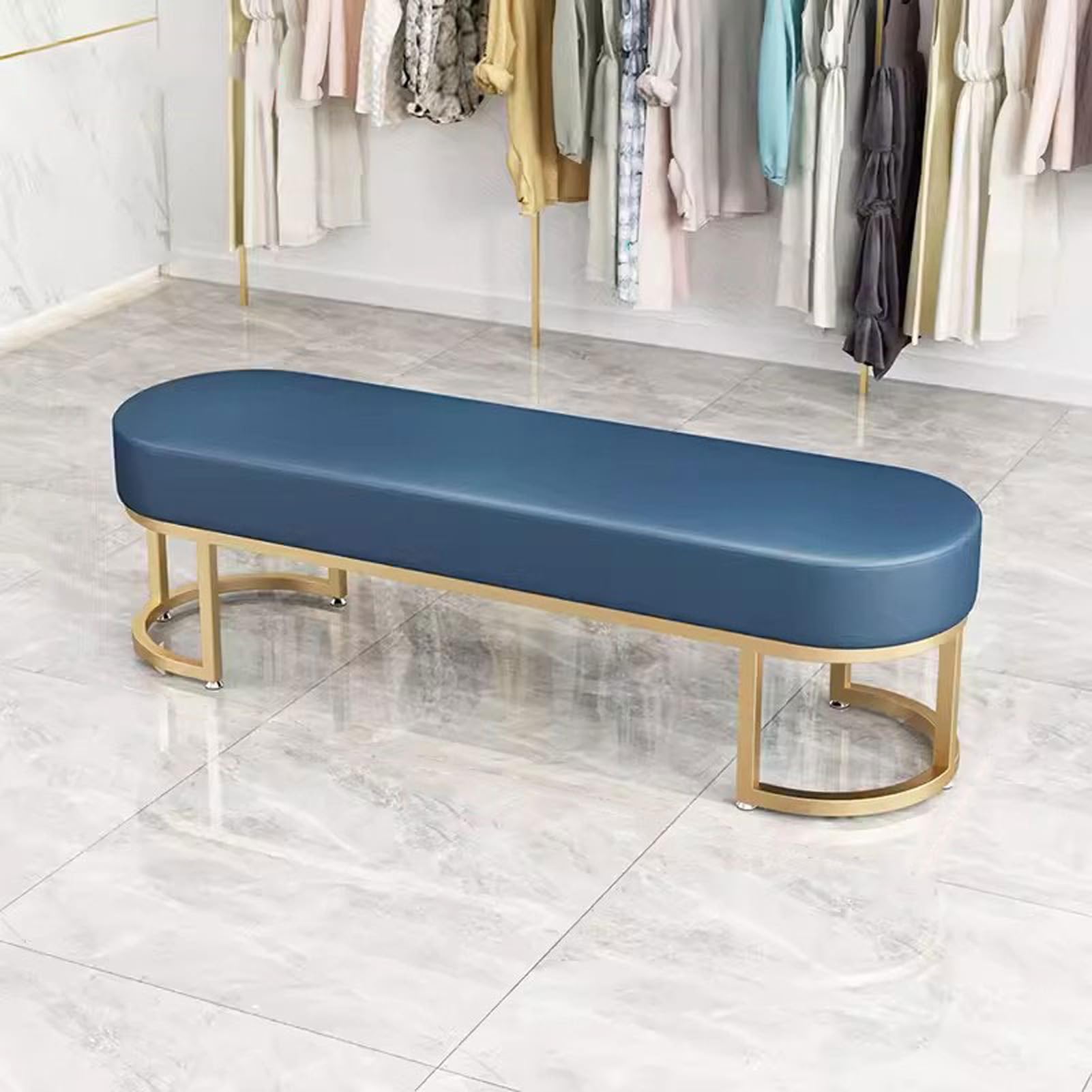 Banc à chaussures en cuir rembourré avec cadre métallique noir pour chambre et entrée