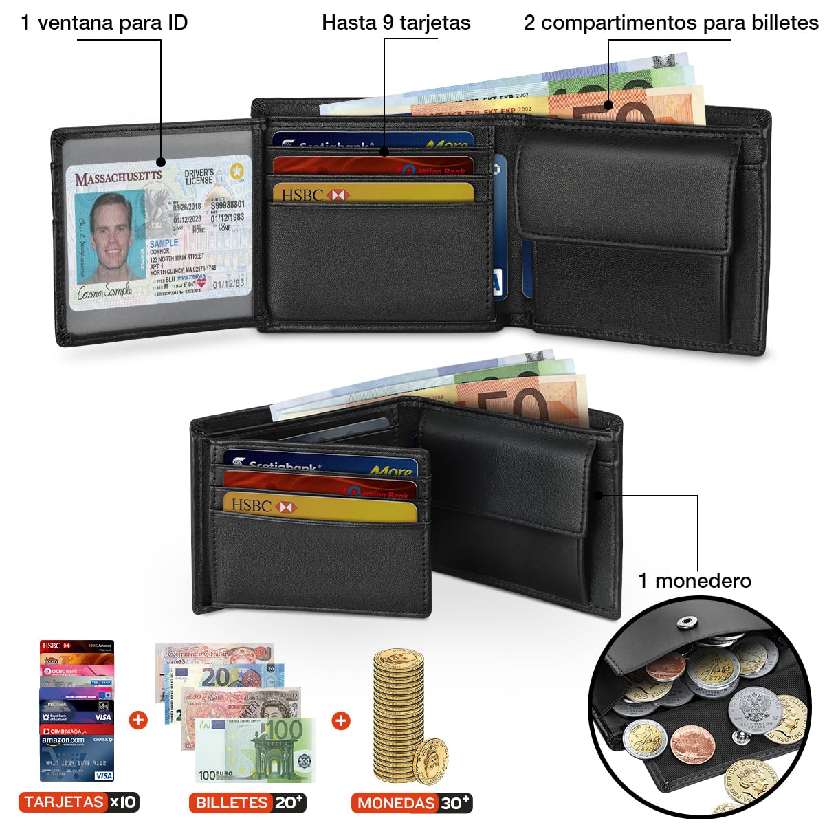 WONSEFOO Cartera Hombre Bifold Delgada con RFID 10 Ranuras Tarjetas Negro