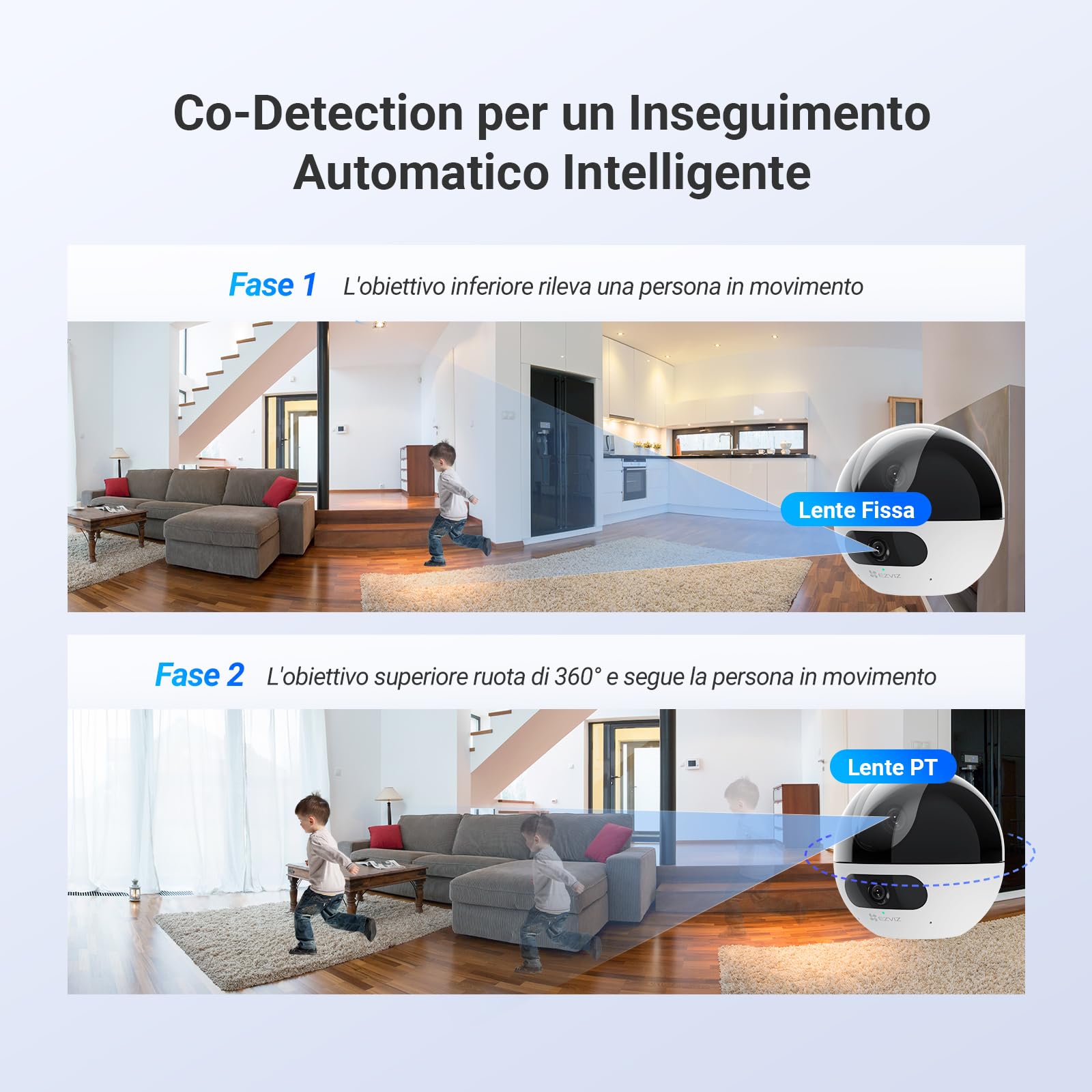 EZVIZ C7 Telecamera Wi-Fi Interno 4MP con Doppia Lente, Videocamera Sorveglianza Interno a 360°, Rilevamento di Persone/Animali, Audio Bidirezionale, Visione Notturna, Modalità Pattugliamento/Privacy