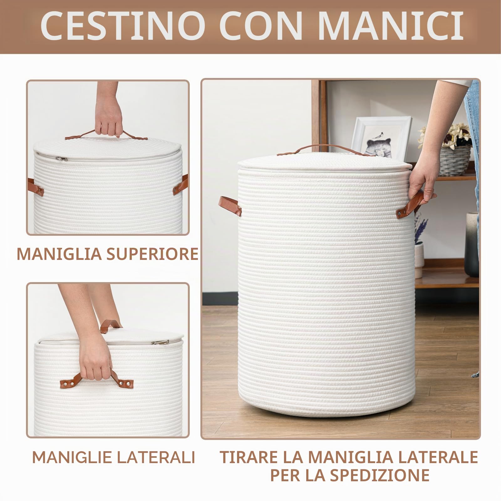 CHICVITA Cesto portabiancheria alto con coperchio, cesto portabiancheria bianco per asilo nido, cesto portaoggetti in corda di cotone per vestiti, coperte, giocattoli, portabiancheria, 38,1 x 50,8 cm