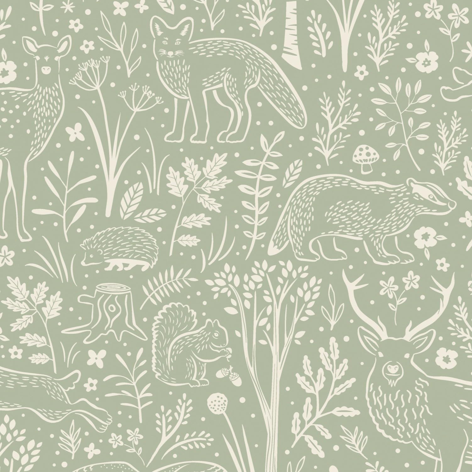 Rackhams Green Native Woodland Animals Nursery Textured Wallpaper, Sage