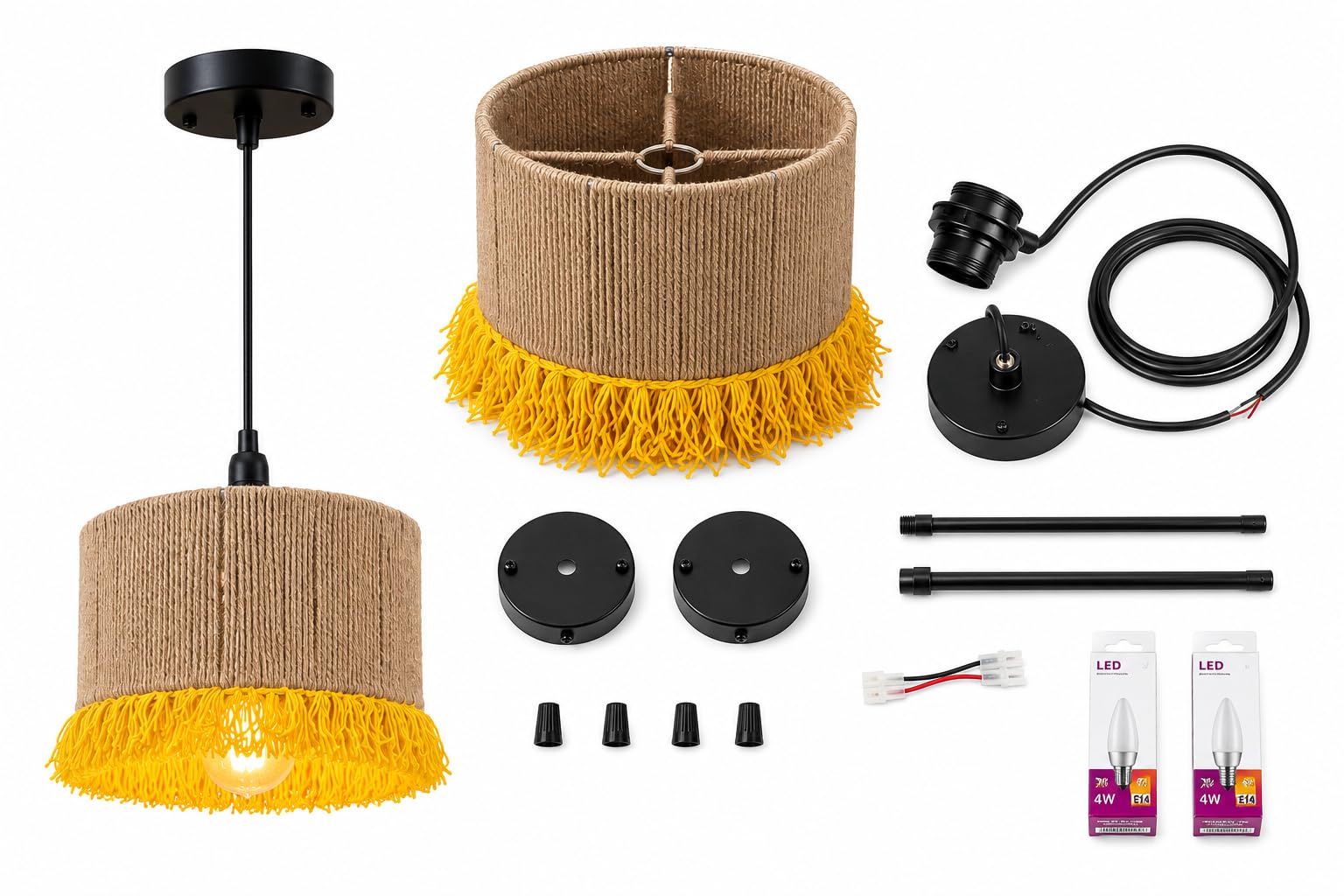 Handmade Jute Rope Pendant Light with Yellow Fringe Shade | 100% Handmade, Boho Ceiling Lamp, LED Bulbs Included, Warm Cosy Ambience, Natural Jute Shade-image-27