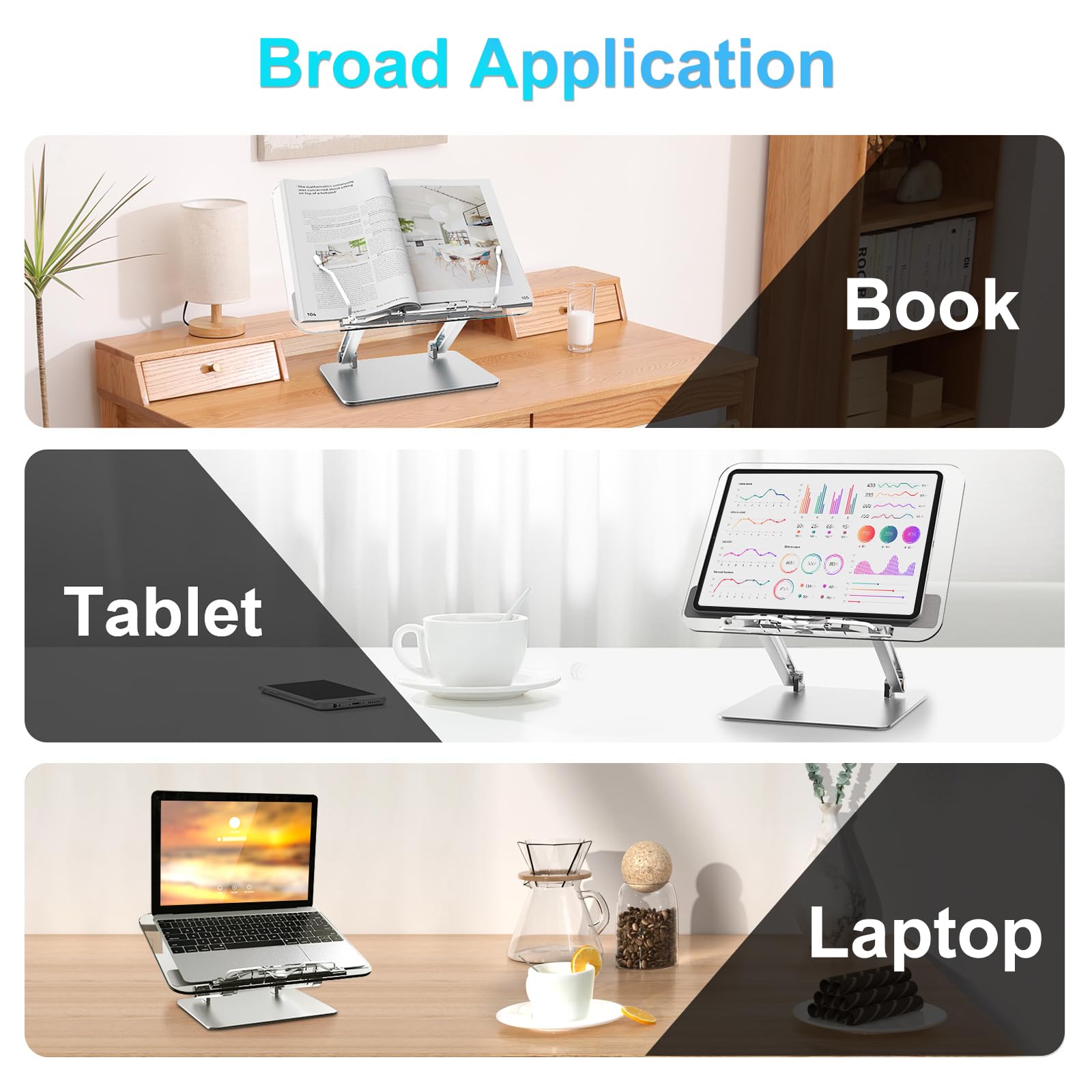 Buchständer, Aluminium und Acryl Kochbuch Schreibtisch Leseständer, Verstellbar & Faltbar Buchhalter, auch kompatibel mit Laptops und Tablets