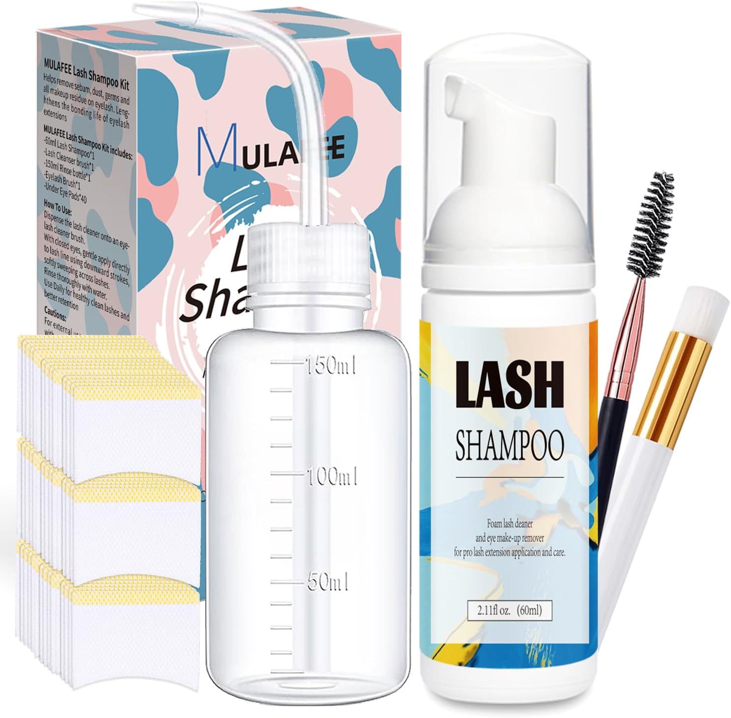 – Eyelash Extension Cleanser, Lash Extension Shampoo Kit, Oils, Paraben & Sulfate Free Foaming 60 ML Eyelash Shampoo with Rinse Bottle and Soft Brush Safe for Salon Use and Home Care