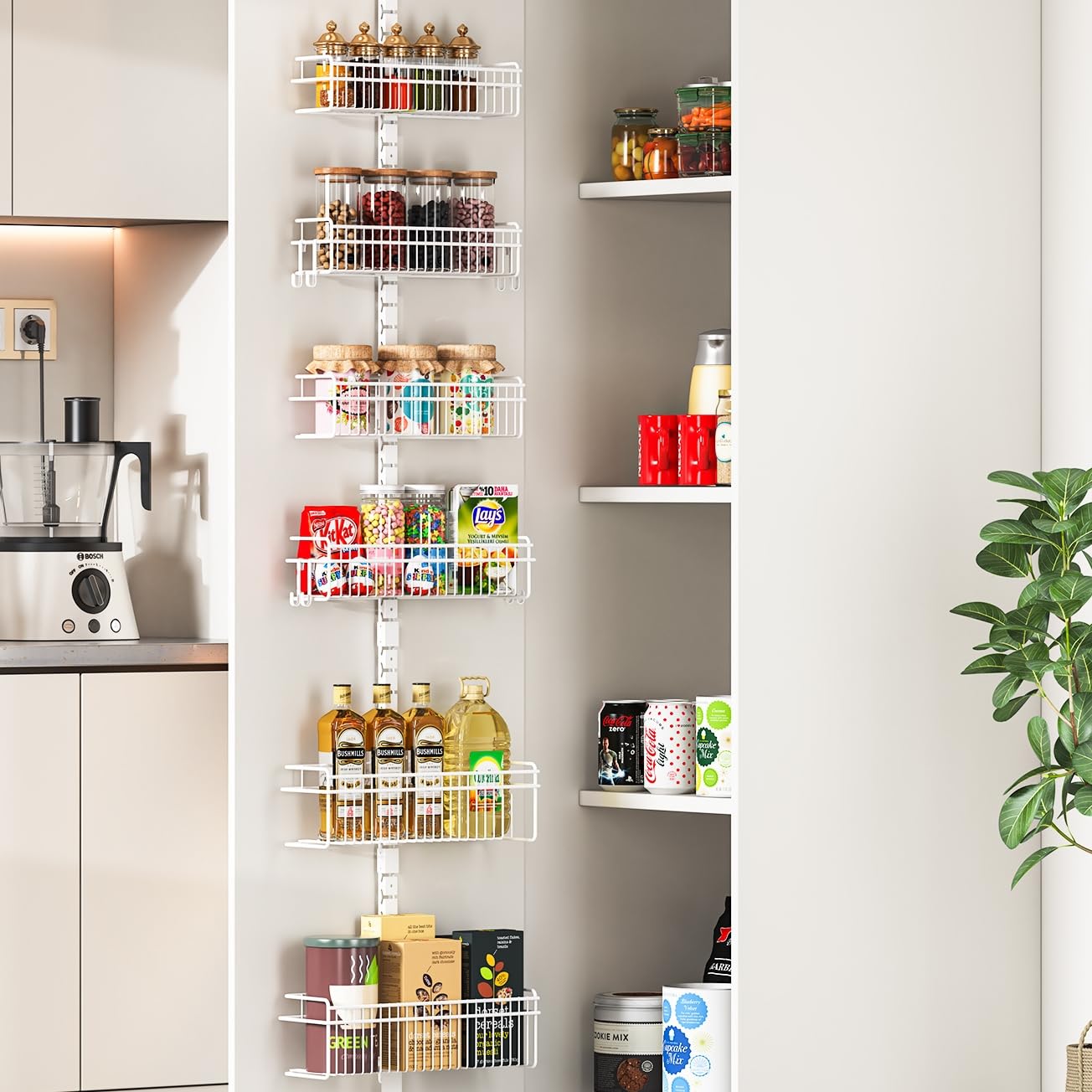 TOOLF Over the Door Pantry Organizer, 6-Tier Pantry Organizers and Storage, Metal Spice Rack Organizer for Cabinet with Hanging Baskets, Back of Door Organizer for Kitchen Bathroom Laundry Room, White