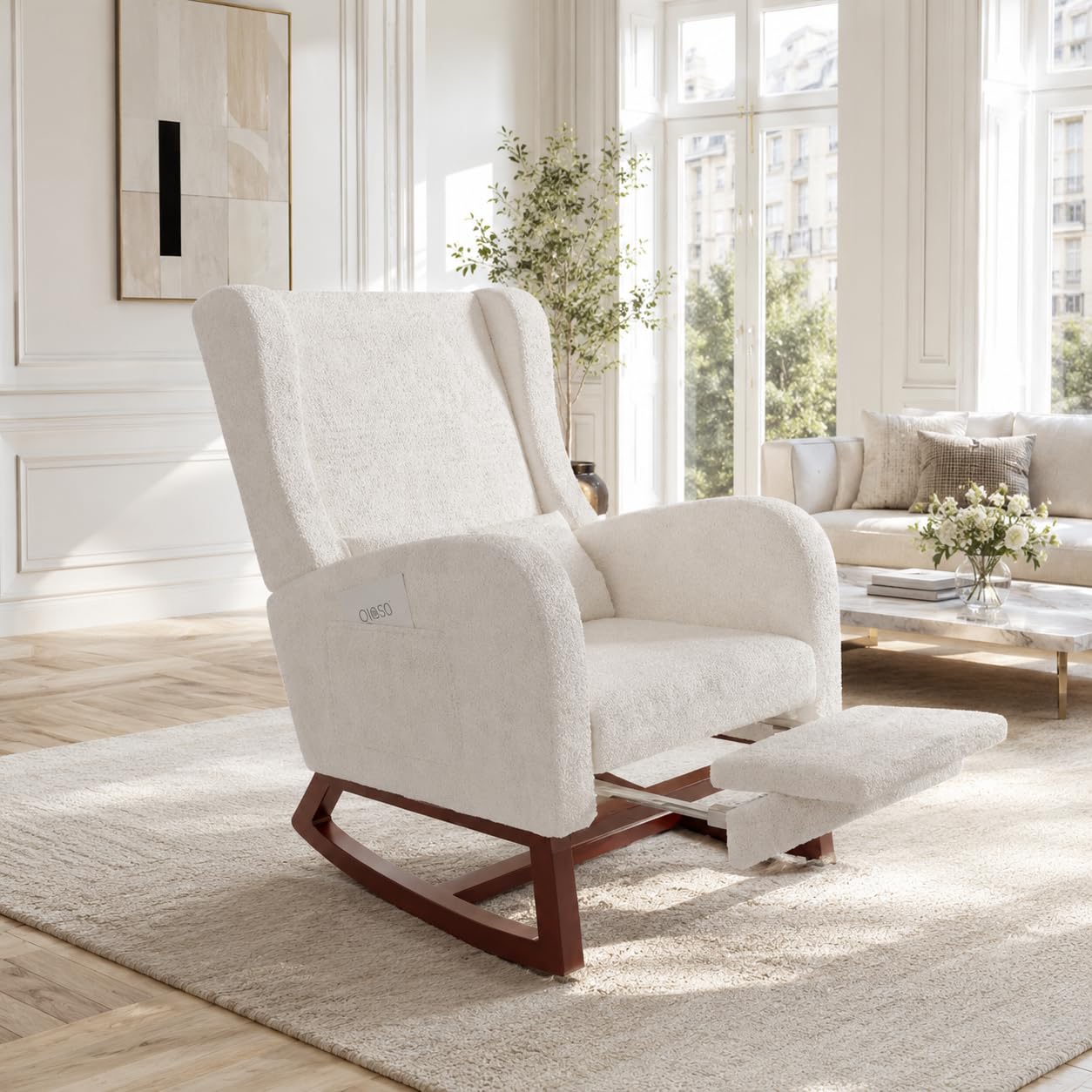 POYHKFD Sillones de salón mecedora, mecedora acolchada, silla escandinava con base de madera, reposamanos gruesos, 2 bolsillos laterales, 1 cojín lumbar (color beige d)