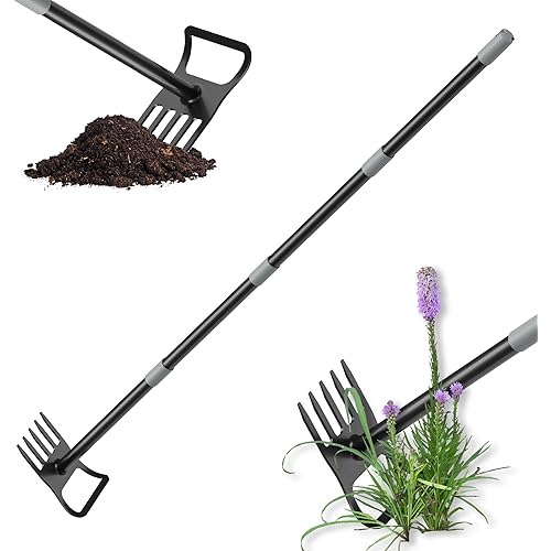 Garden Hoe - Stirrup Hoe and Rake 2 in 1, Heavy Duty Garden Hoe for Weeding with Adjustable Handle 17-60 Inch, Garden Hula Hoe with Rake, Ring Stirrup Hoe Weeder, Black