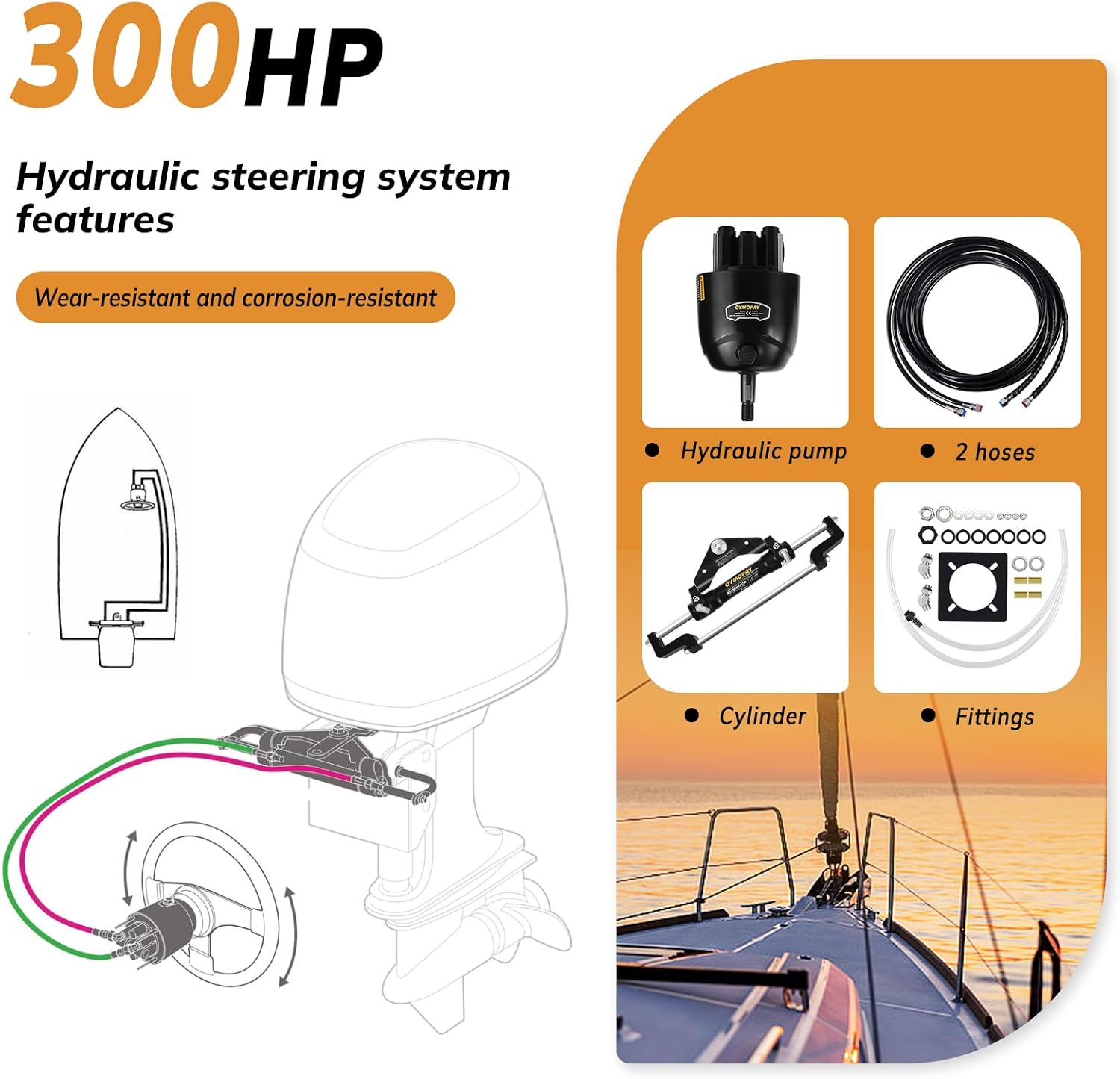 Hydraulic Outboard Steering Kit, 100 HP、150HP、300HP