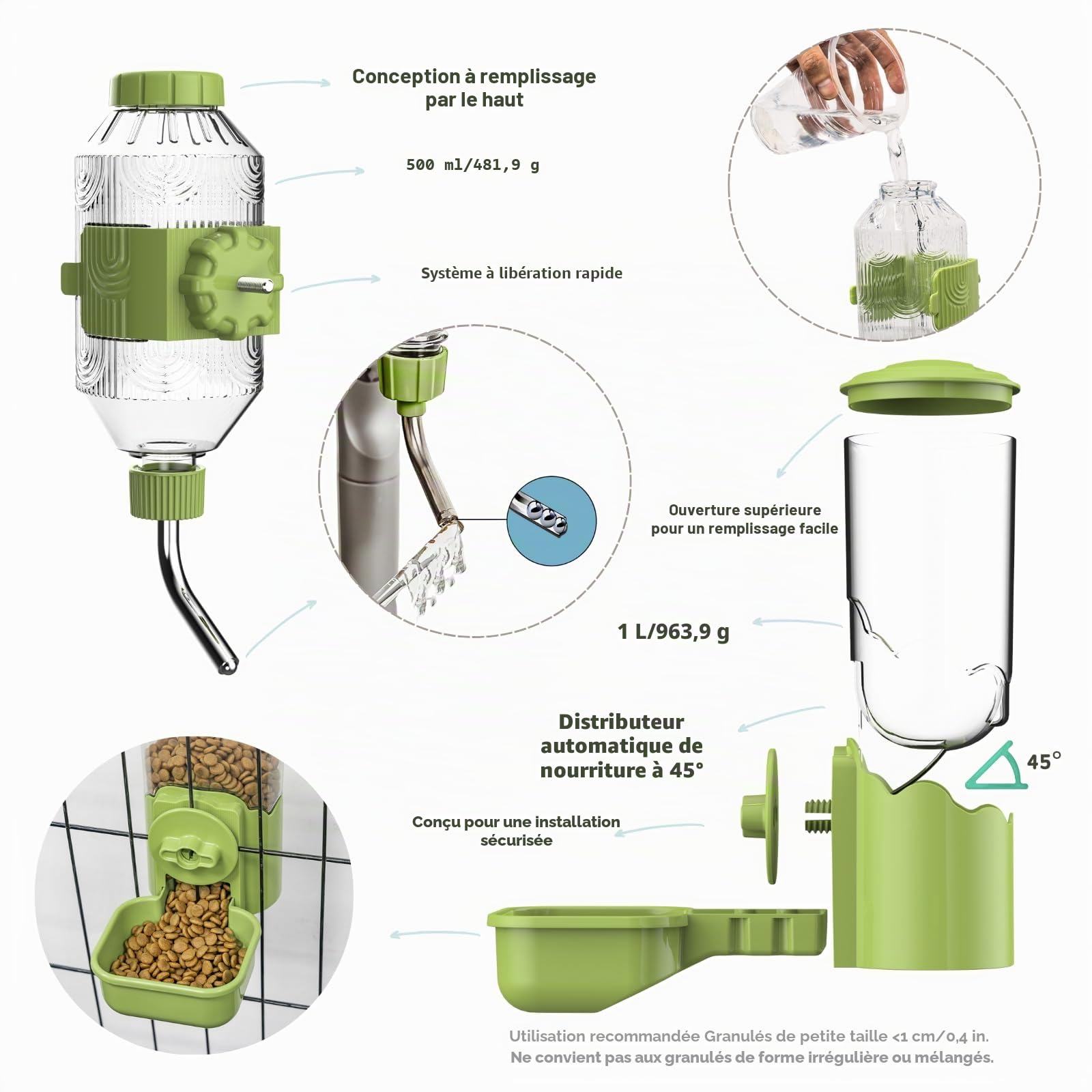 Distributeur Automatique d'eau et Nourriture pour Animaux, Mangeoire Suspendue pour Cages, Station d'alimentation pour Chiot, Chaton, Lapin, Cochon d'Inde, Chinchilla, Furet, hérisson (Vert)