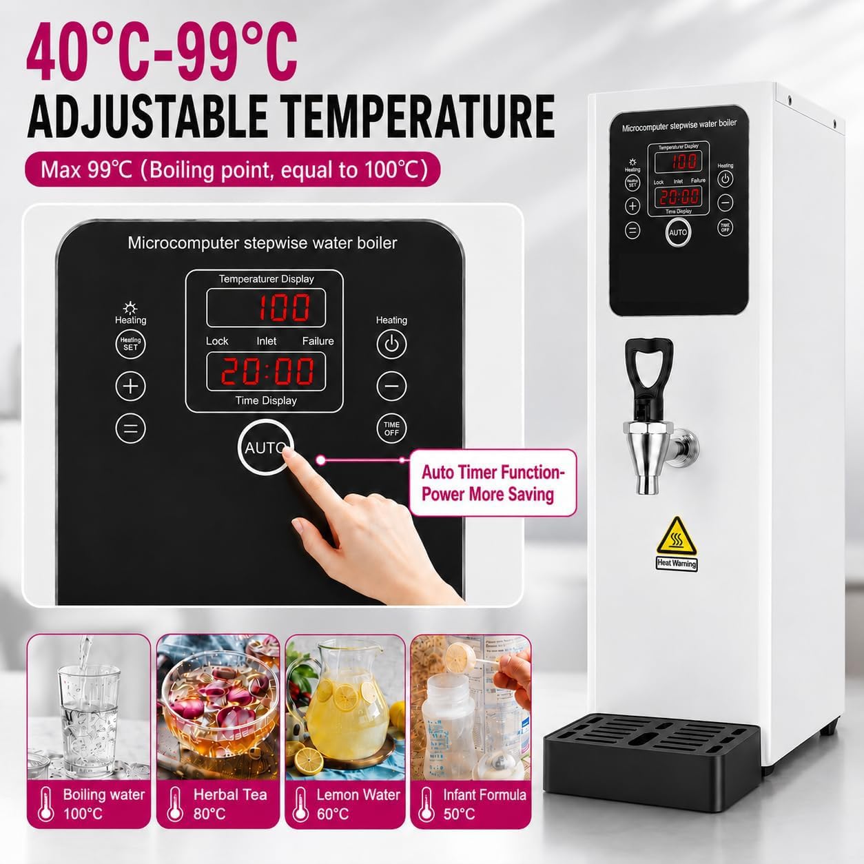 TYH Bollitore per Acqua Calda con Riempimento Automatico, Dispenser di Acqua Calda Commerciale da 3000 W, Erogazione di Acqua 40 L/h, Riscaldamento A Gradini, Controllo della Temperatura 40-100 °c