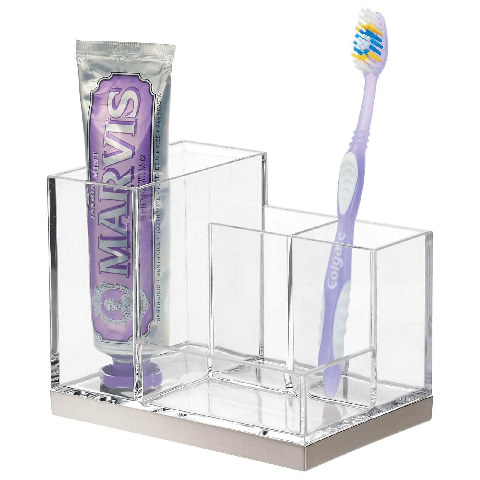 Soporte plateado para cepillos de dientes y pasta de dientes, soporte organizador de almacenamiento con 4 compartimentos para encimera de baño, soportes para cepillo de dientes eléctrico, 5