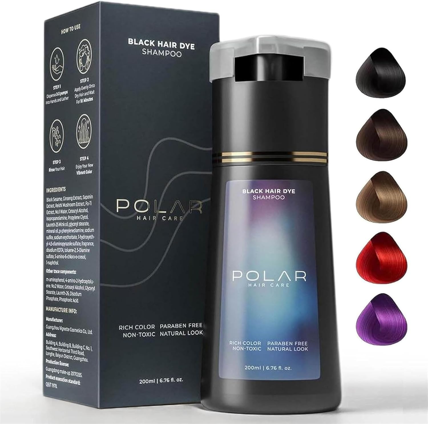 Polar Instant Dye Shampoo, Natural Gray Hair Coverage, Suitable For Women & Men (Black)