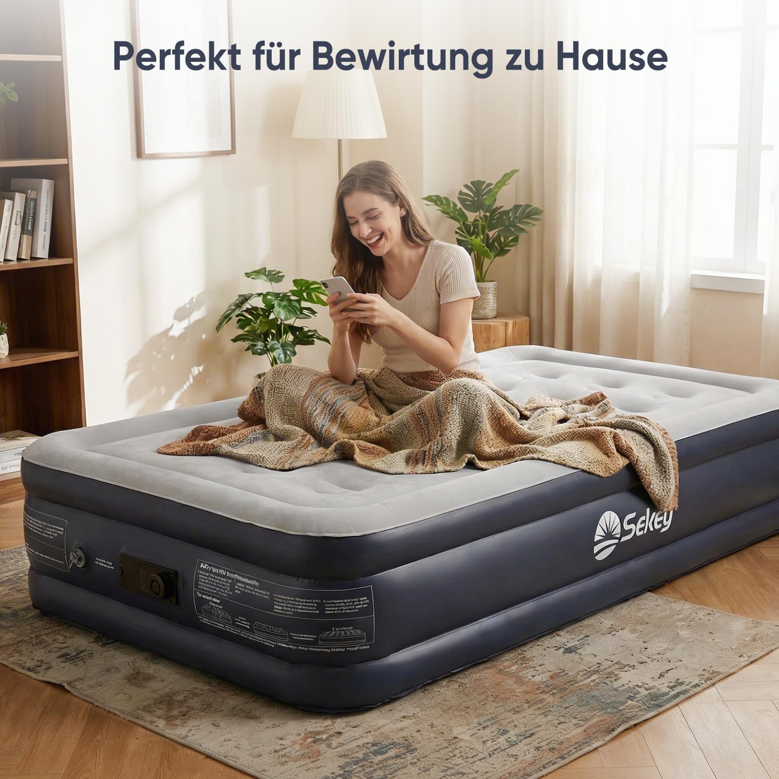 Sekey XXL Luftmatratze selbstaufblasend für 1 Person 203×102×40cm, extra hohes Luftbett Einzelbett mit integrierter Pumpe, angenehm weiche, beflockte Oberfläche, schnell aufblasbar und platzsparend