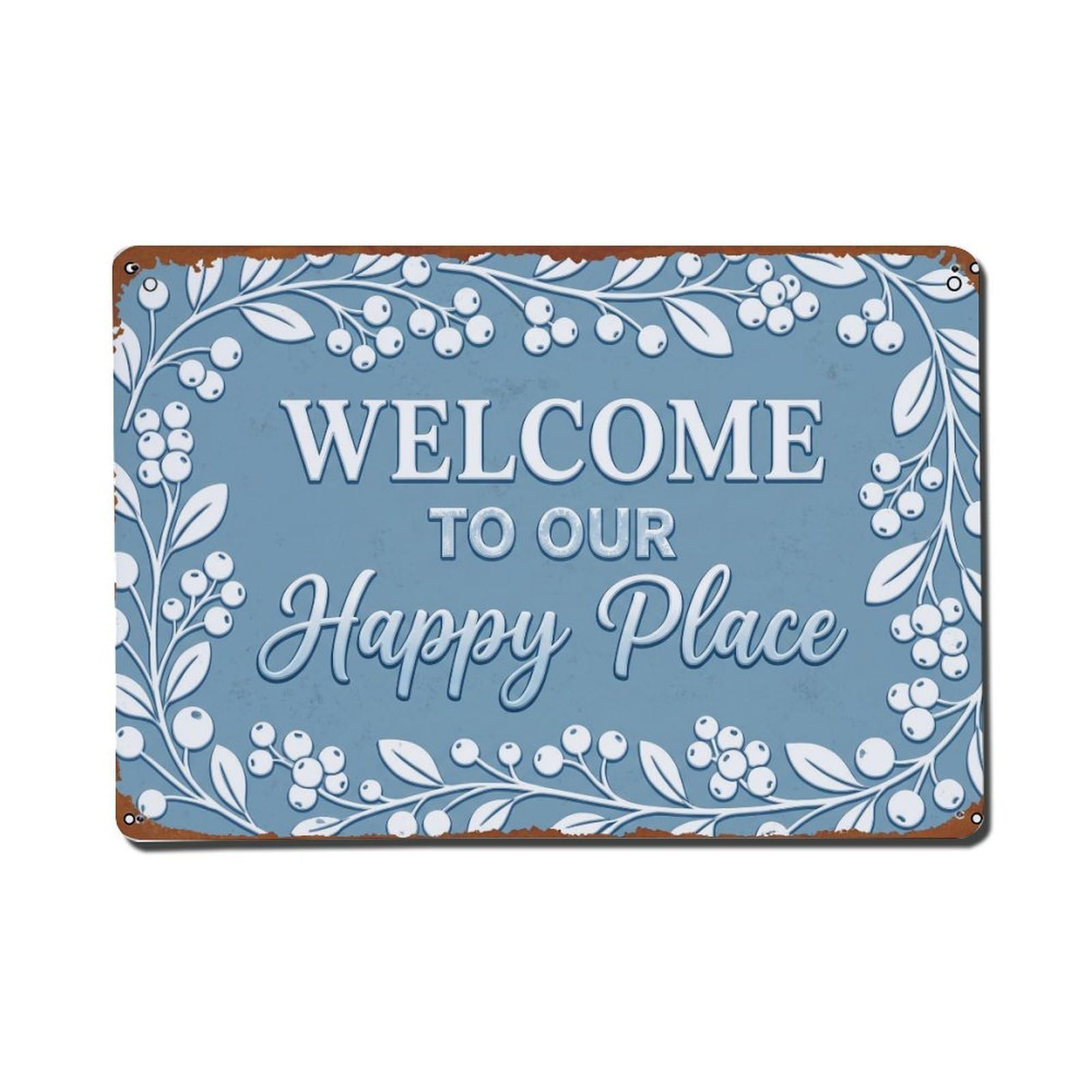 Welcome To Our Happy Place Snowberry Winter Metal Tin Sign Plaque Wall Decor for Cafe, Club Bar, Office, Home Garden Metal Poster 8x12Inch
