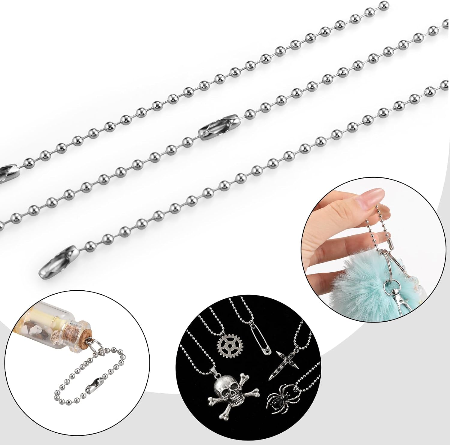 400 Pcs Long Bead Ball Chain Keychain 3.9 Inch Silver Ball Connector Clasp 2.4mm Diameter Metal Necklace Chains for Dog Tags Hanging Keychains, Jewelry Making Accessories thumbnail
