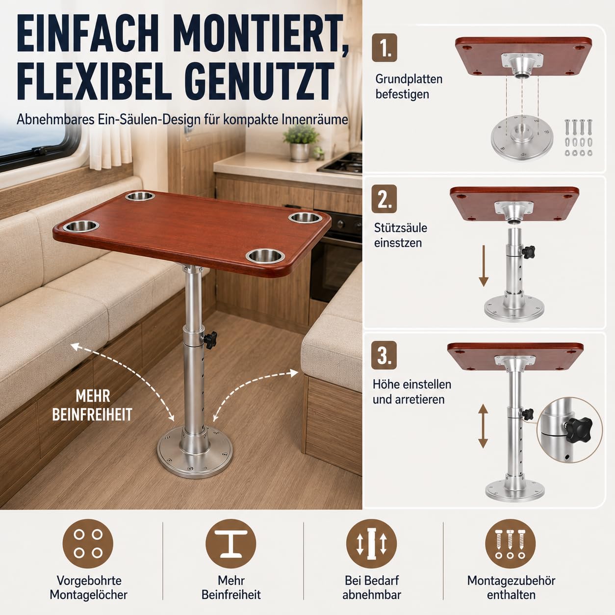 Wohnmobiltisch Teleskopisch Höhenverstellbar Abnehmbar, RV Tisch mit 4 Getränkehaltern, Eiche Tischplatte, Tisch für Caravan Wohnwagen Boot Yacht, 600x380mm Tischgestell