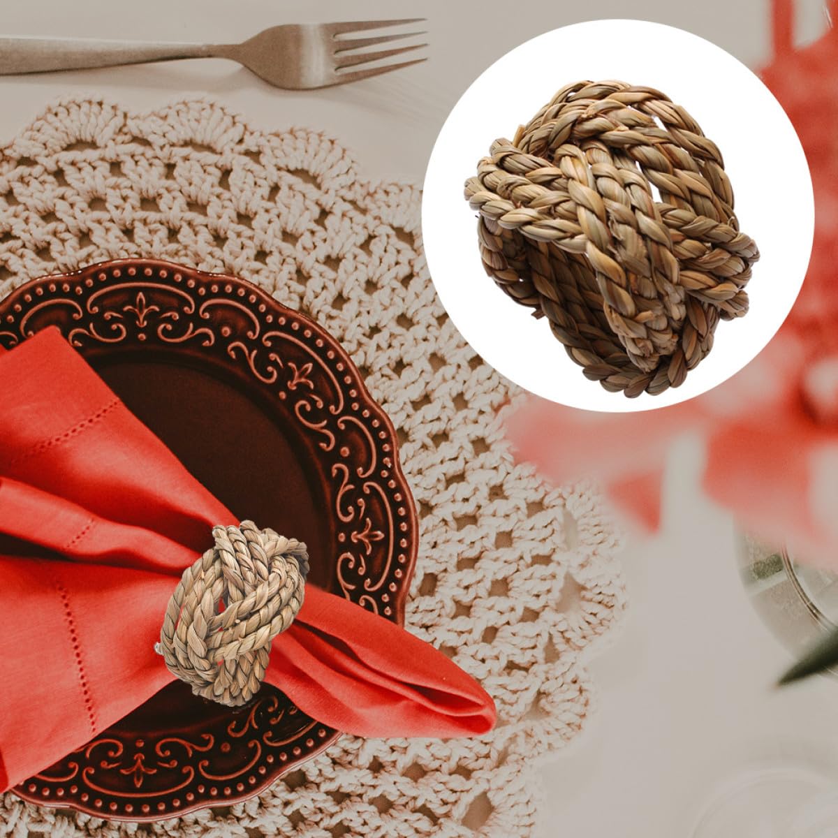 Ronds de Serviette Tissés 6 Pièces en Paille pour Table Élégante