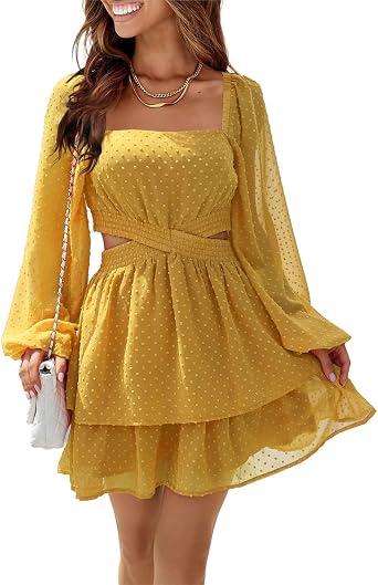 Shy Velvet Womens Long Sleeve Summer Dress Square Neck Crossover Waist Casual Party Mini Dress