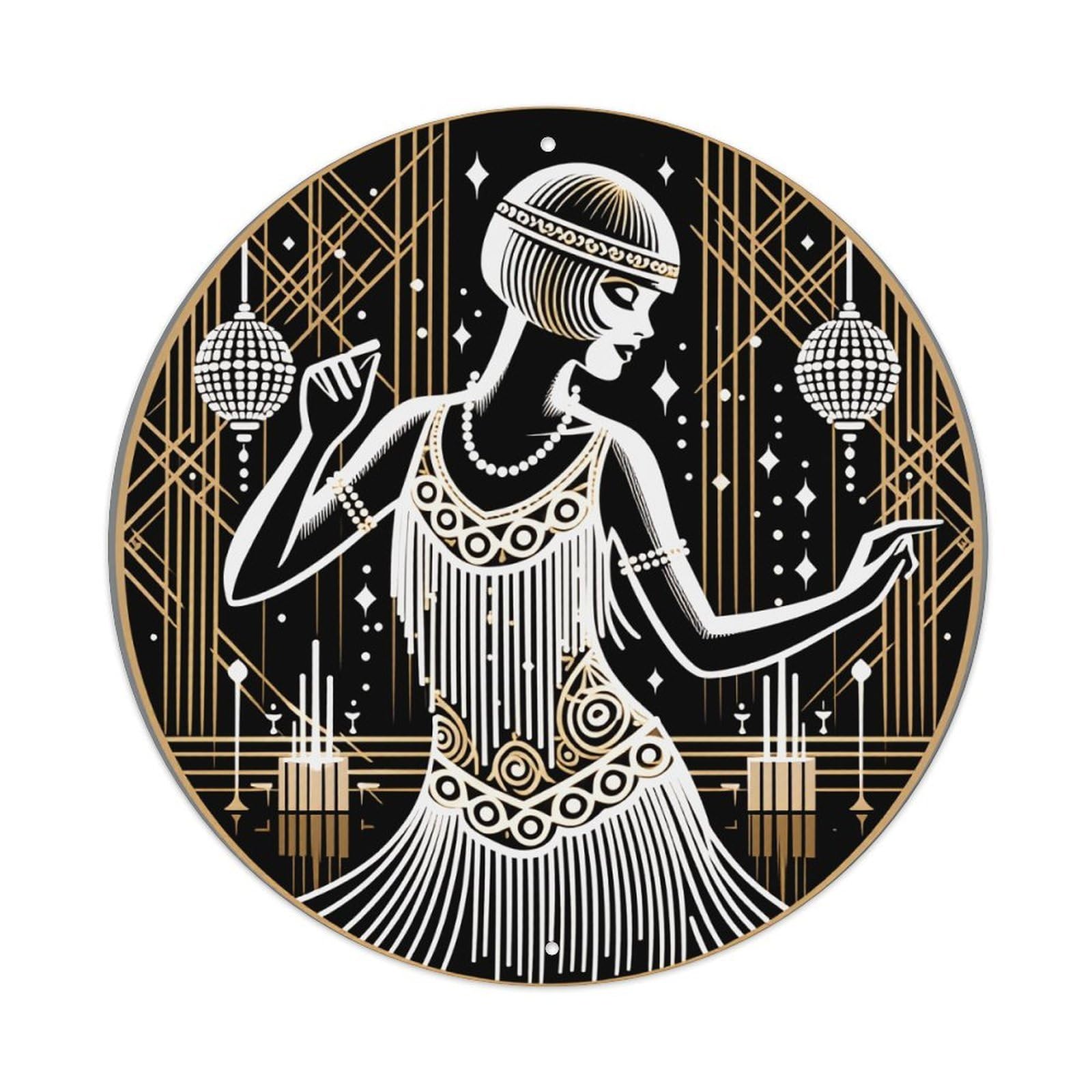 Art Deco Flapper Dance Pattern Round Tin Sign Vintage Metal Poster, Home Bar Garage Man Cave Cafe Indoor & Outdoor Wall Decoration 8x8Inches