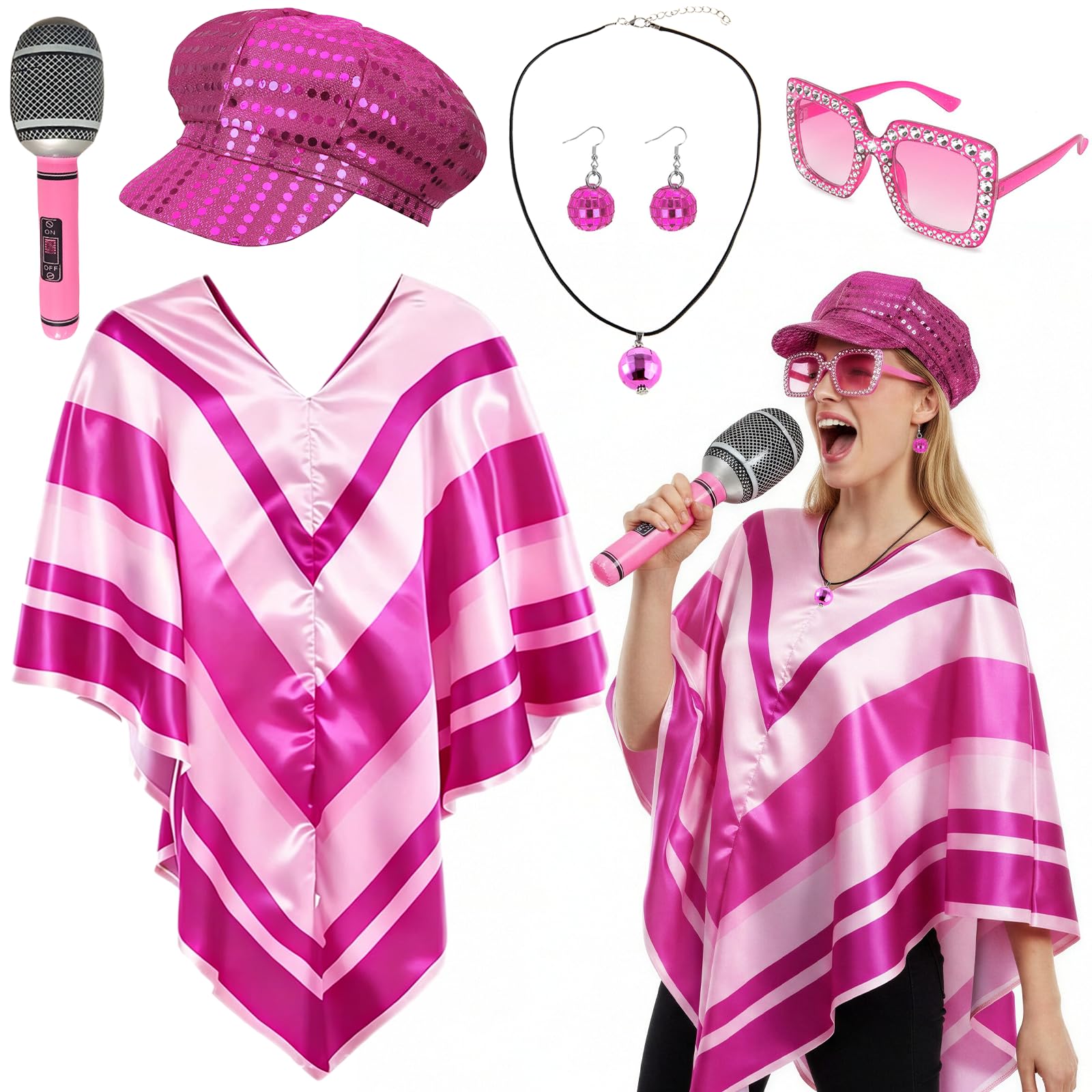 6 Pcs Aba Outfits for Women, 70s Fancy Dress Set Disco Costume Accessories with Pop Poncho Sequin Hat Sunglasses Earrings Necklace Microphone, 1970s Disco Accessories for 70 Theme Party Dress Up
