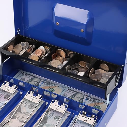 Miniatura 5 de xydled Caja de metal para efectivo, caja de efectivo con bandeja de dinero y cerradura de combinación, caja de almacenamiento, azul, 4 ranuras para