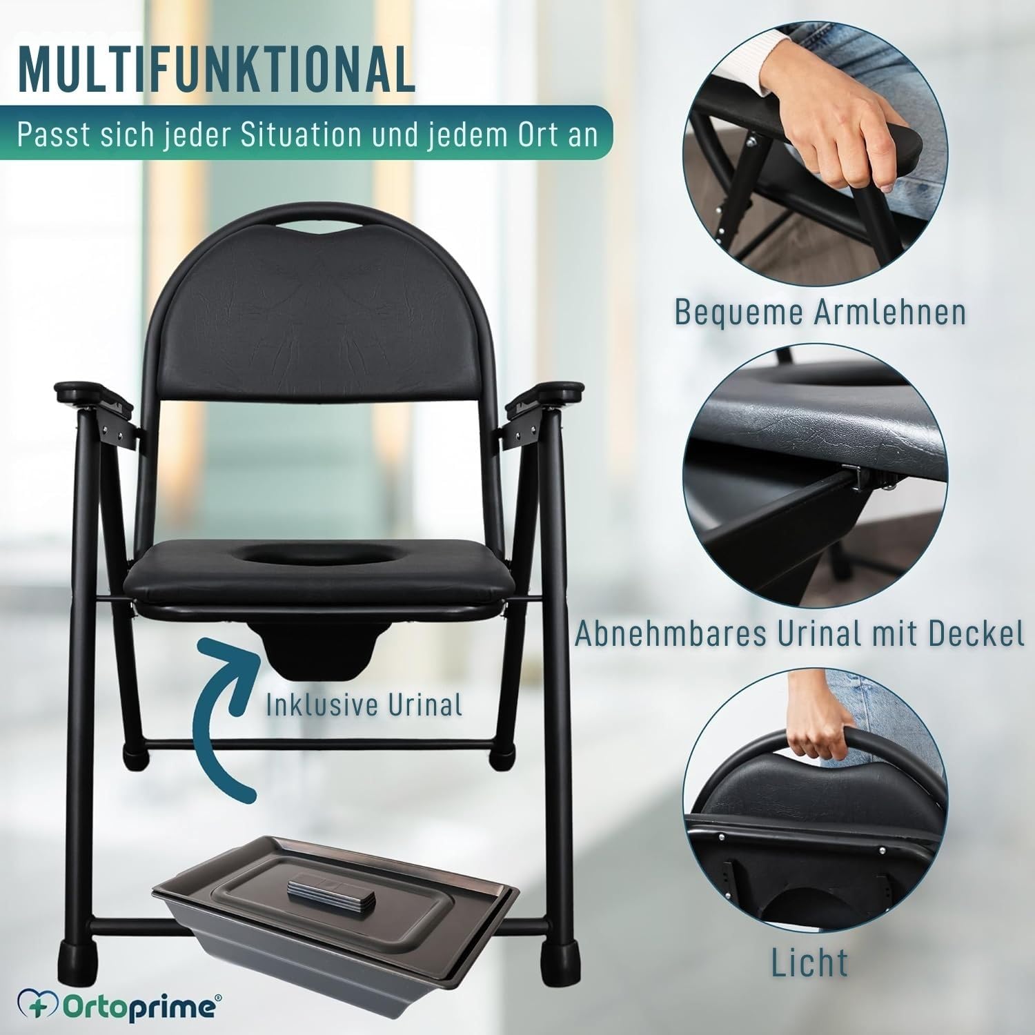 OrtoPrime Toilettenstuhl für Senioren klappbar – WC Stuhl mit Eimer – Nachtstuhl für Erwachsene – Klostuhl höhenverstellbar – Toilettenstuhl mit Inodoro – Leibstuhl für Senioren, stabil & sicher