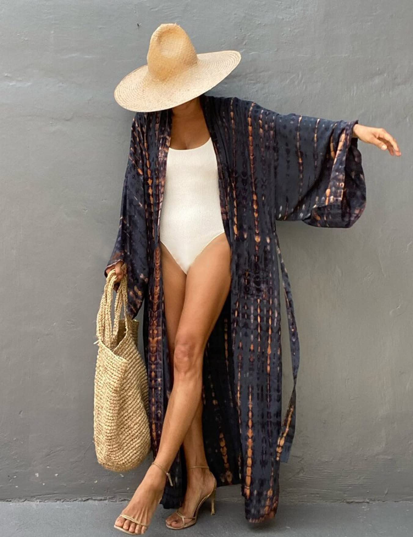 Robe de Plage Femme Été Kimono Bikini Cover Up Tunique Cardigan Imprimé Caftan Grande Taille Kaftan Bohème Maxi Longue Fluide Maillot de Bain Boho Sarong Beachwear Longue Gilet
