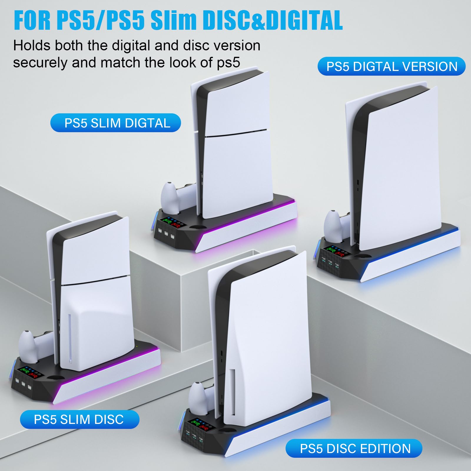 PS5/PS5 Slim Cooling Station Stand RGB con Dual Controller Base de carga para PlayStation 5 Consola PS5, accesorios PS5 incl. cargador de controlador, ventilador de refrigeración, soporte para