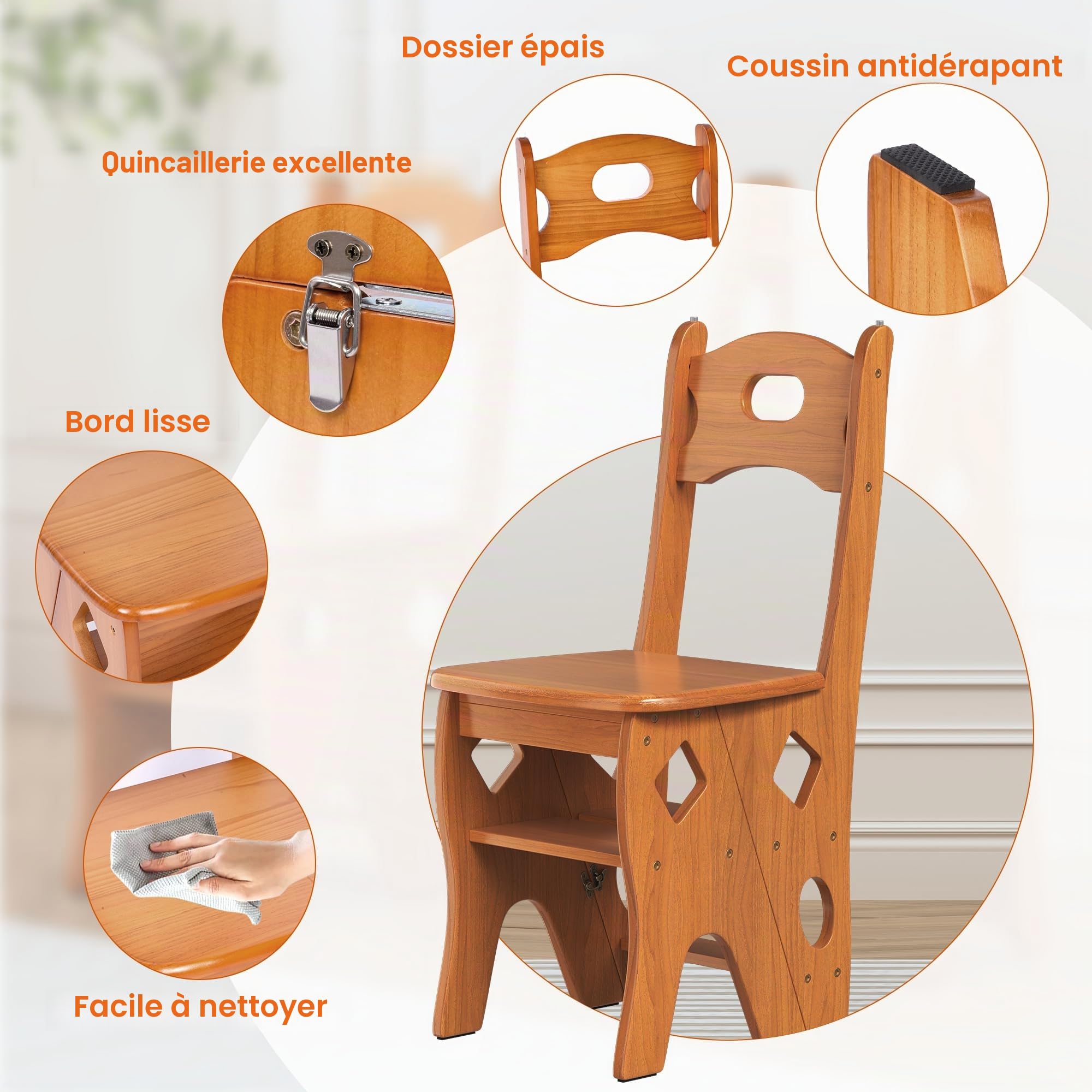 Chaise de bibliothèque pliante en bois massif - Tabouret pliable à 4 marches - Charge maximale : 180 kg - 4 marches d'escalade - Support d'exposition - Marron - 46 x 34 x 87 cm