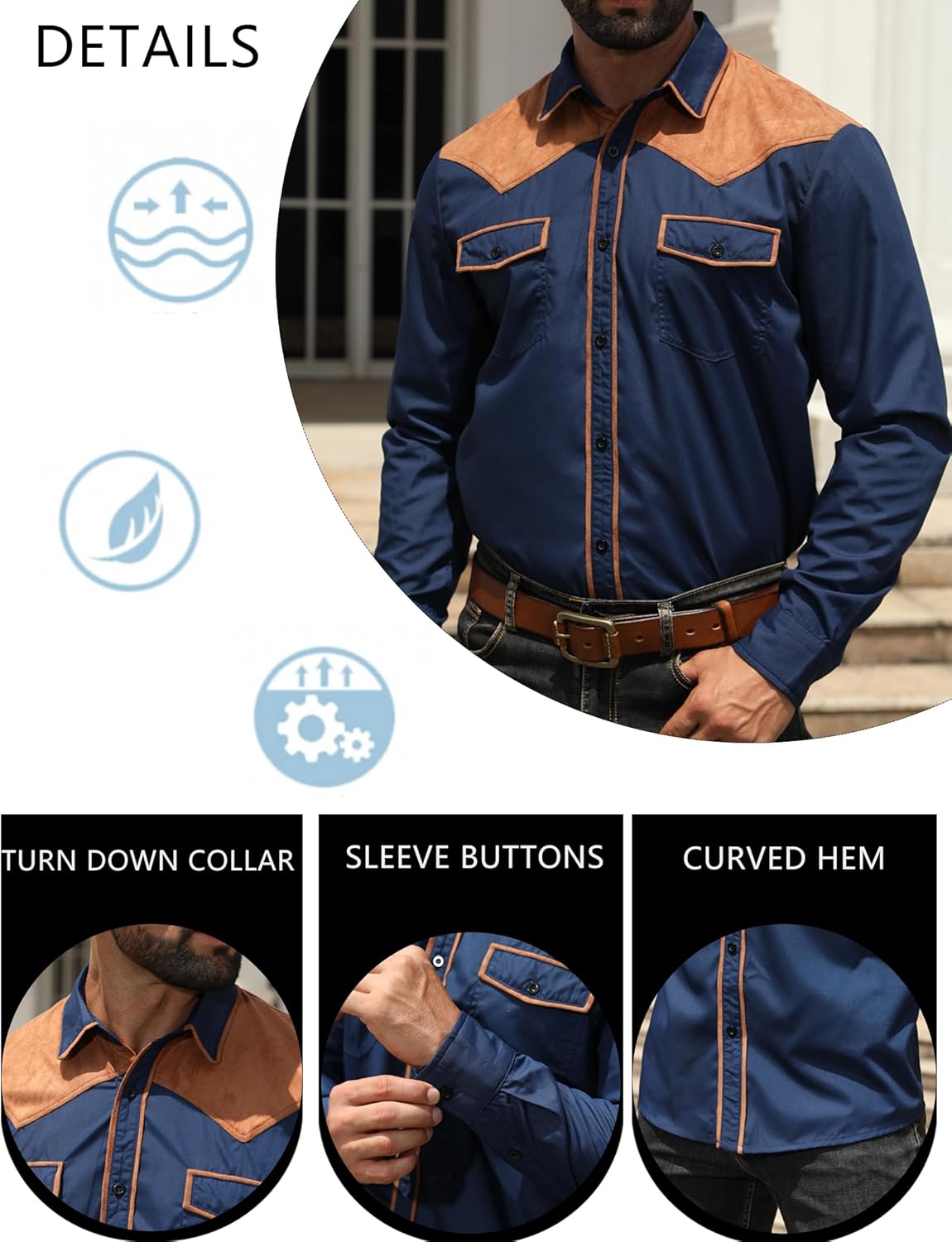 MioRoim Men's Cowboy Shirt Long Sleeve Button Down Western Shirts Vintage Denim Shirts - Image 4