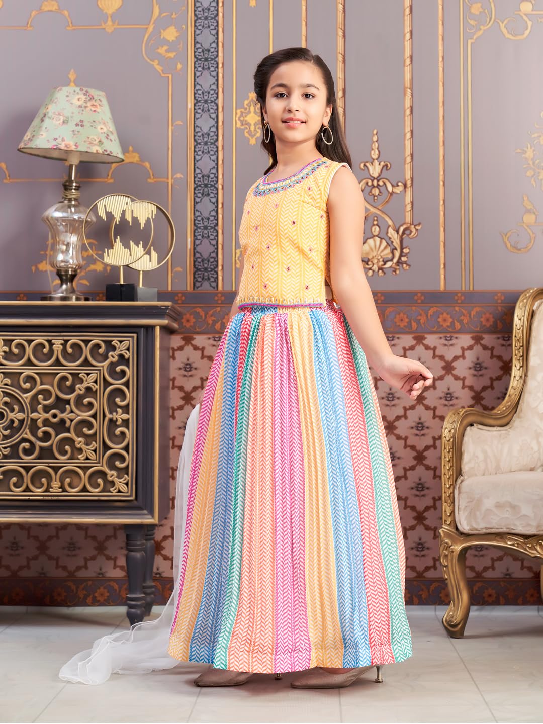 Aarika Girls Polyester Stitched Lehenga Choli Set (Lch-38242_Yellow_14-15 Years)