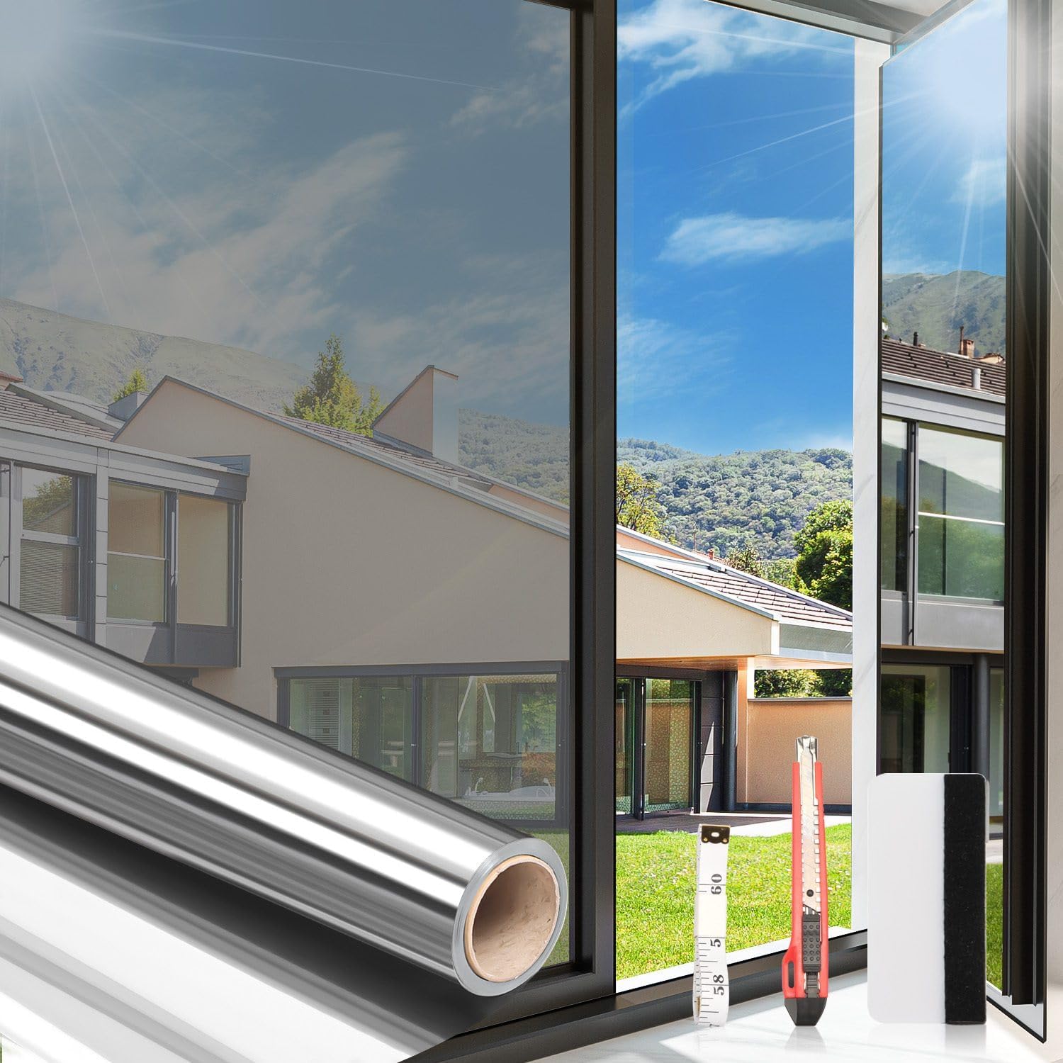 Arthome Heat Blocking Window Film（90x460cm） Kit Anti-UV, Heat Control Window Stick Tint Reflective No Glue Static Cling Adhesive DIY One Way Film for Home and Office Sun Glare Reduction with Tool
