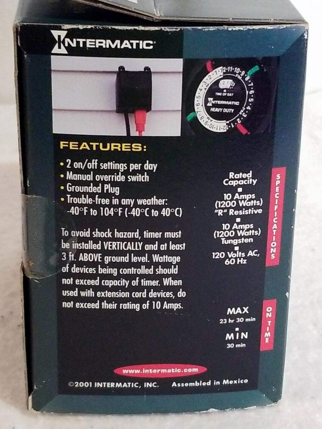 Back of Intermatic HB35R Outdoor Electromechanical Timer packaging, showing features and specifications