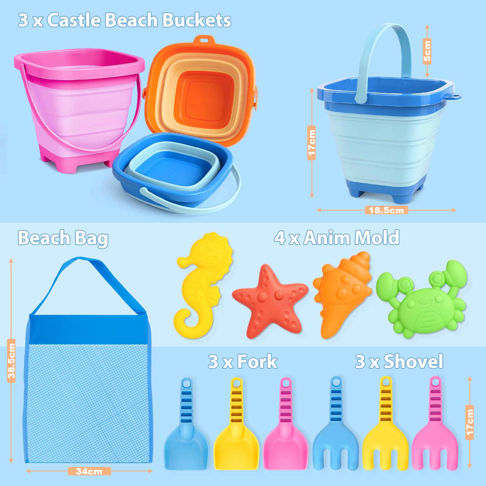 Dreamon Beach Toys for Kids 3-10, Collapsible Sand Castle Toys for Beach Include 3 Pack Foldable Buckets, Shovels Molds and Storage Mesh Bag, Sandbox Travel Toy for Toddlers Kids