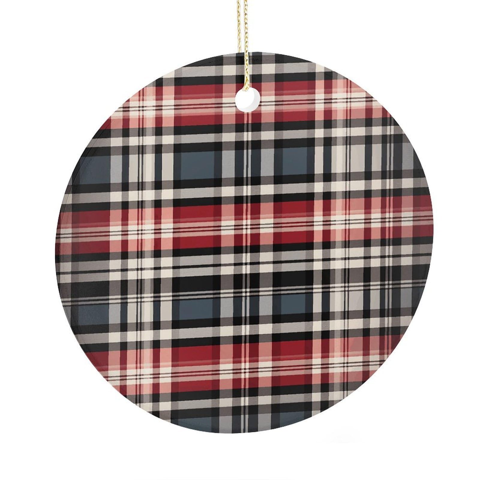 Fekiloot Style Old Plaid Checkered Christmas Ornaments 2.9 Inch Round Ceramic Ornament Keepsake Thank You Gifts For Office, Room, Home - Holiday Present Ideas