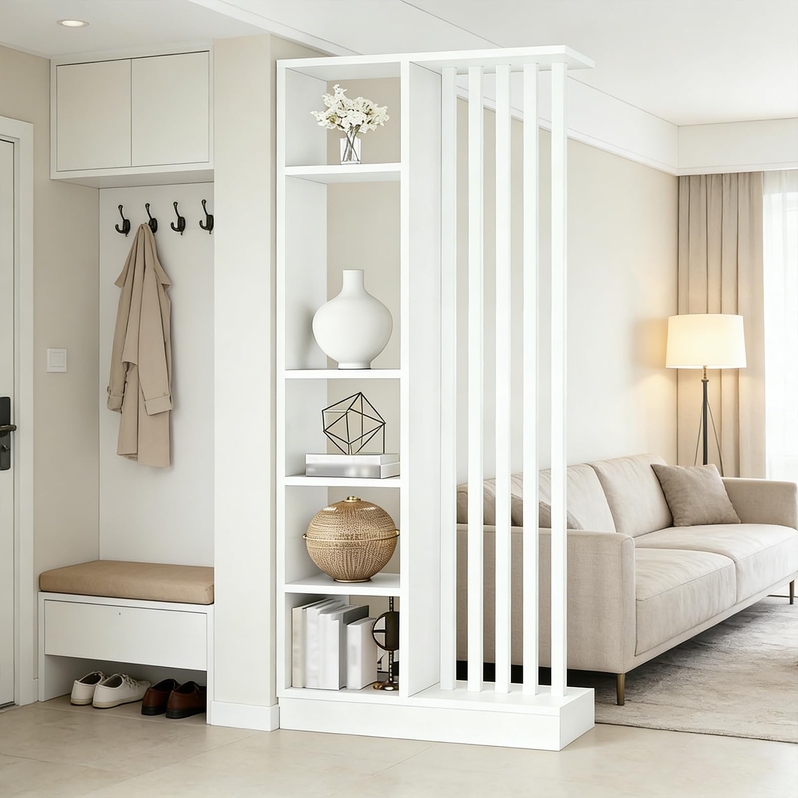 Dispissione della sala da parete con scaffale di stoccaggio, schermata della partizione dell'ingresso pavimento al soffitto, realizzato in legno massiccio, facile da assemblare (B White+White, 80cm)
