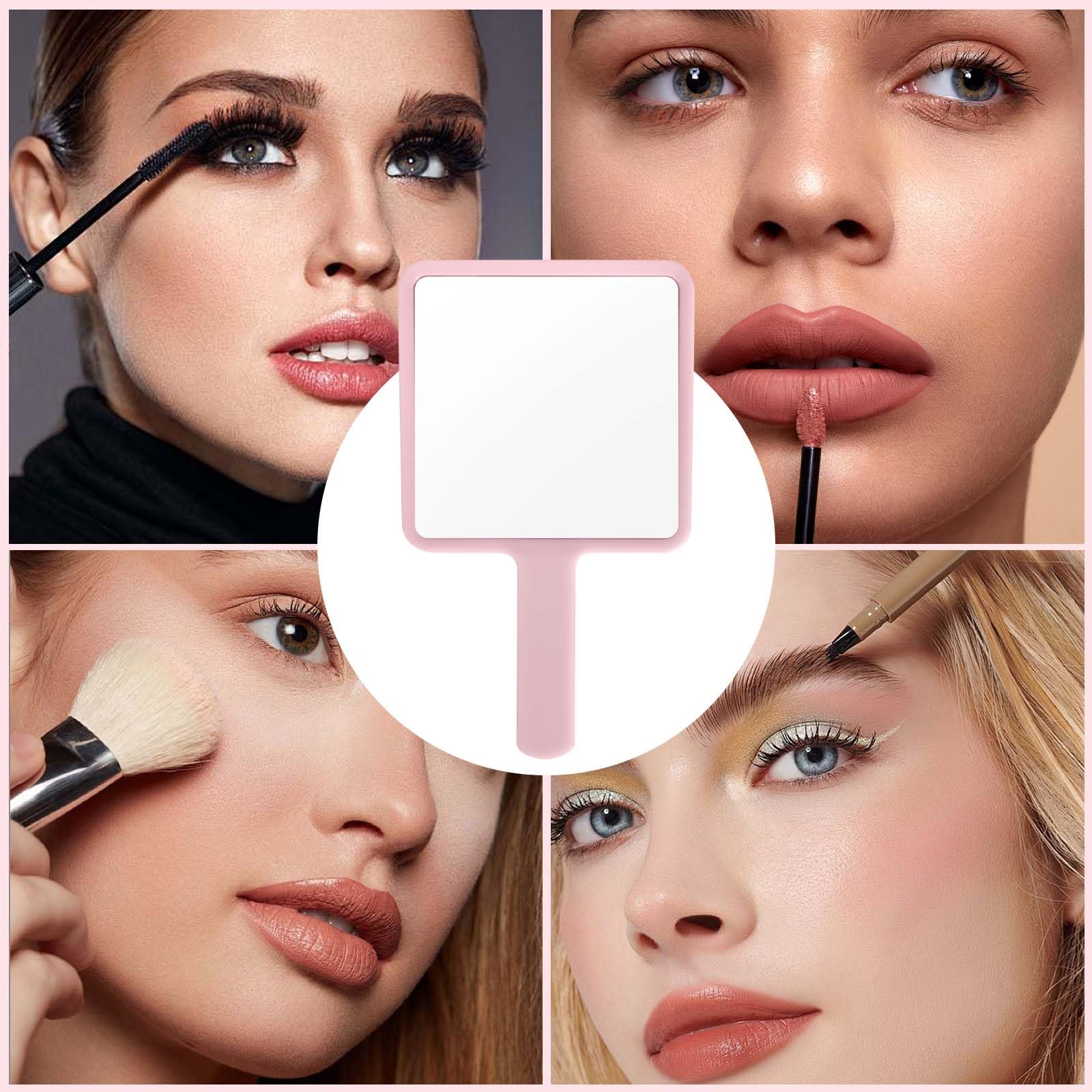 Naapesi Specchio a Mano,Specchio Trucco Portatile con Manico,Specchio Cosmetico Quadrato,Specchietto Dentista,Specchio Barbiere con Comoda Maniglia,Perfetto per Radersi o Applicare il Trucco (Rosa)