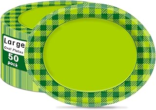 Oval Plates 12 x 10 Inch Green Party Plates -Gingham Party Decorations - Heavy Duty Paper Plates - Green Disposable Platters for BBQs,Thanksgiving, Christmas Table Decorations,50 Pcs