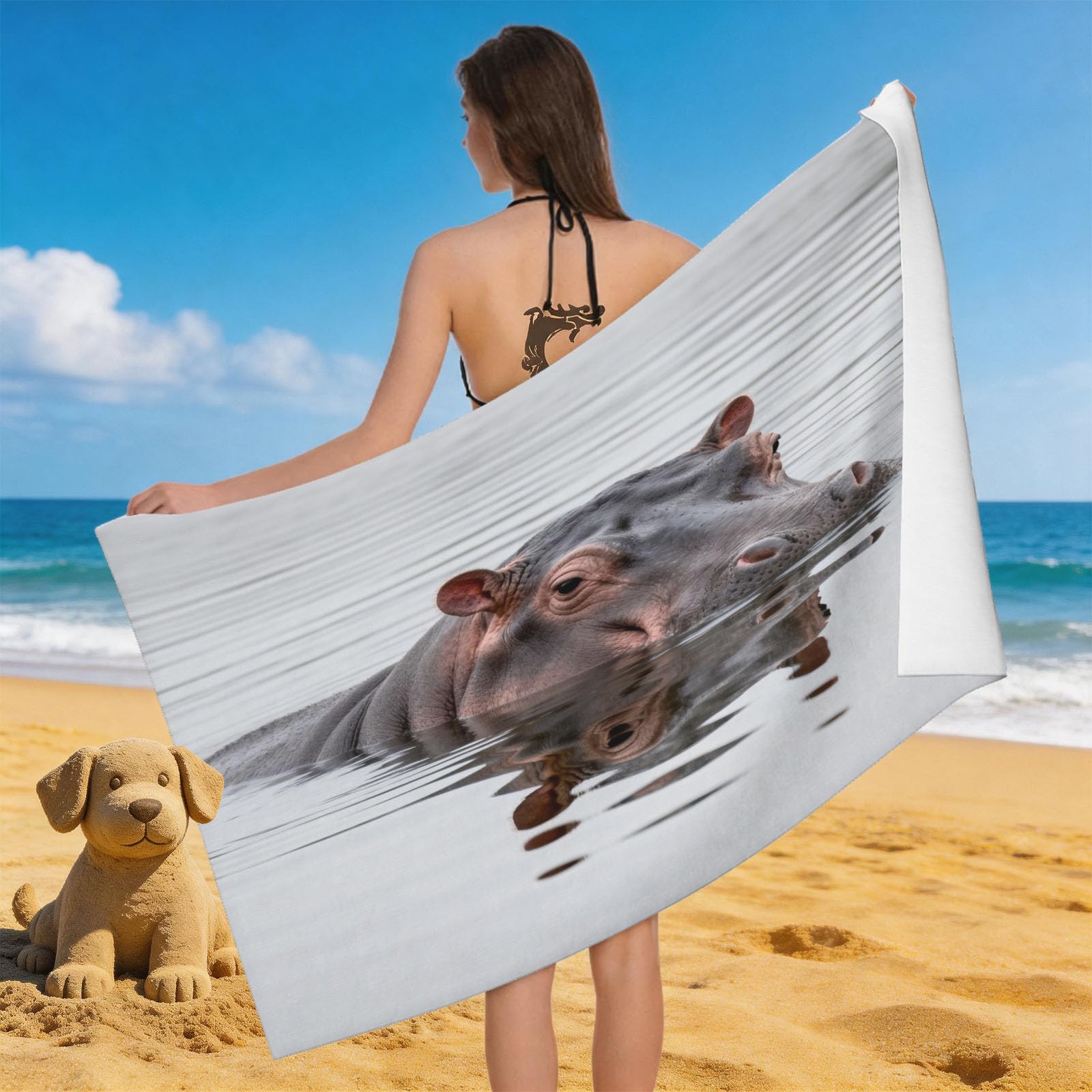 Leichong Men's Grey 3D Hippo Beach Towel Microfiber Soft Quick Dry For Adults, Africa Animal Bath Towel Lightweight Soft Absorbent For Travel Swimming Pool Sports, 75 X 150 Cm