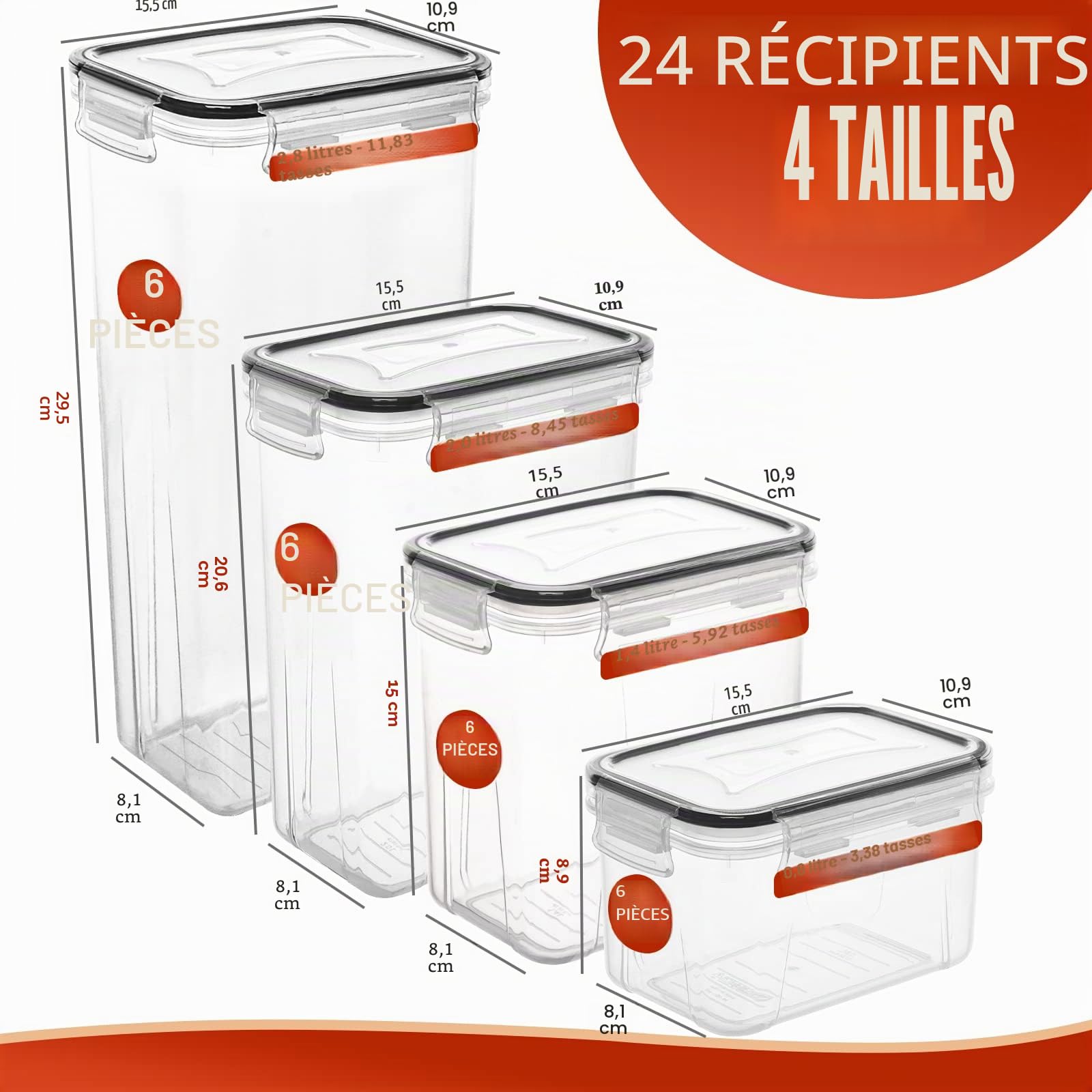 Skroam Lot 24 boîtes hermétiques pour organisation et rangement du garde-manger, céréales, pâtes, farine et sucre