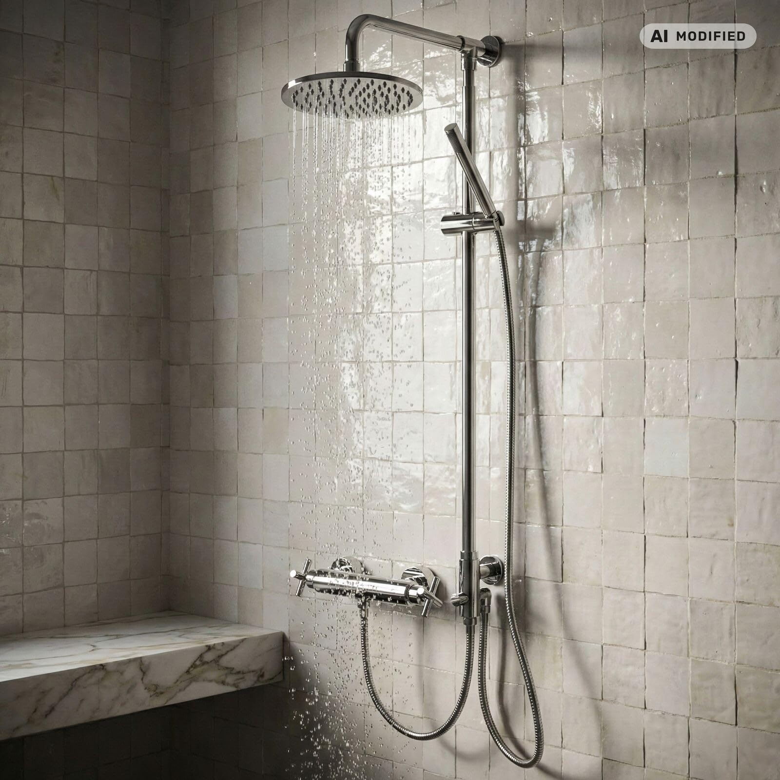 System prysznicowy Juliet, deszcz 20 cm, solidny mosiądz, chromowane wykończenie, montaż ścienny, odległość wiercenia 97-127 cm, wąż 150 cm