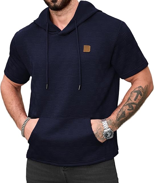 AIYINO Men's Short Sleeve Hoodies Textured Knit Pullover Casual Lightweight Hooded Sweatshirt with Kangaroo Pocket