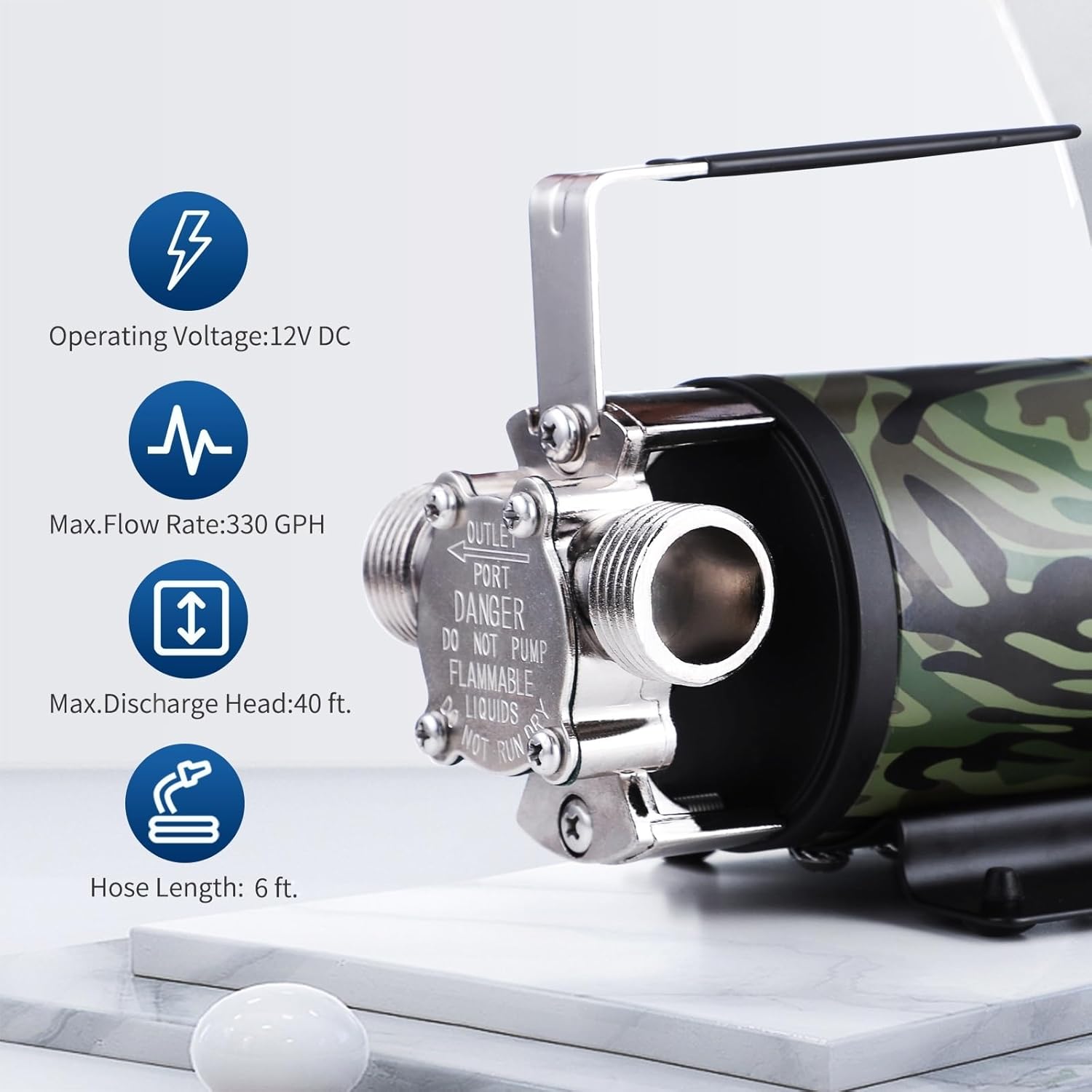 TIGEROAR 12V Water Pump Utility Water Transfer Pump 330 GPH RV Rain Pond with 6 ft. Suction Pump Hose and Replacement Kit for Water Transferring