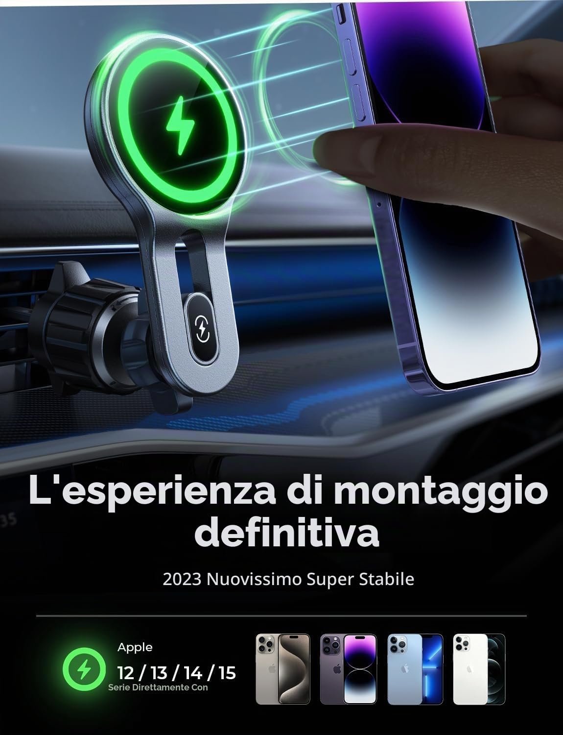 LISEN Caricatore Wireless Magnetico 15W per Auto, Accessori iPhone, Magsafe Supporto Telefono Ricarica per iPhone 16/15/14/13/12/ Samsung