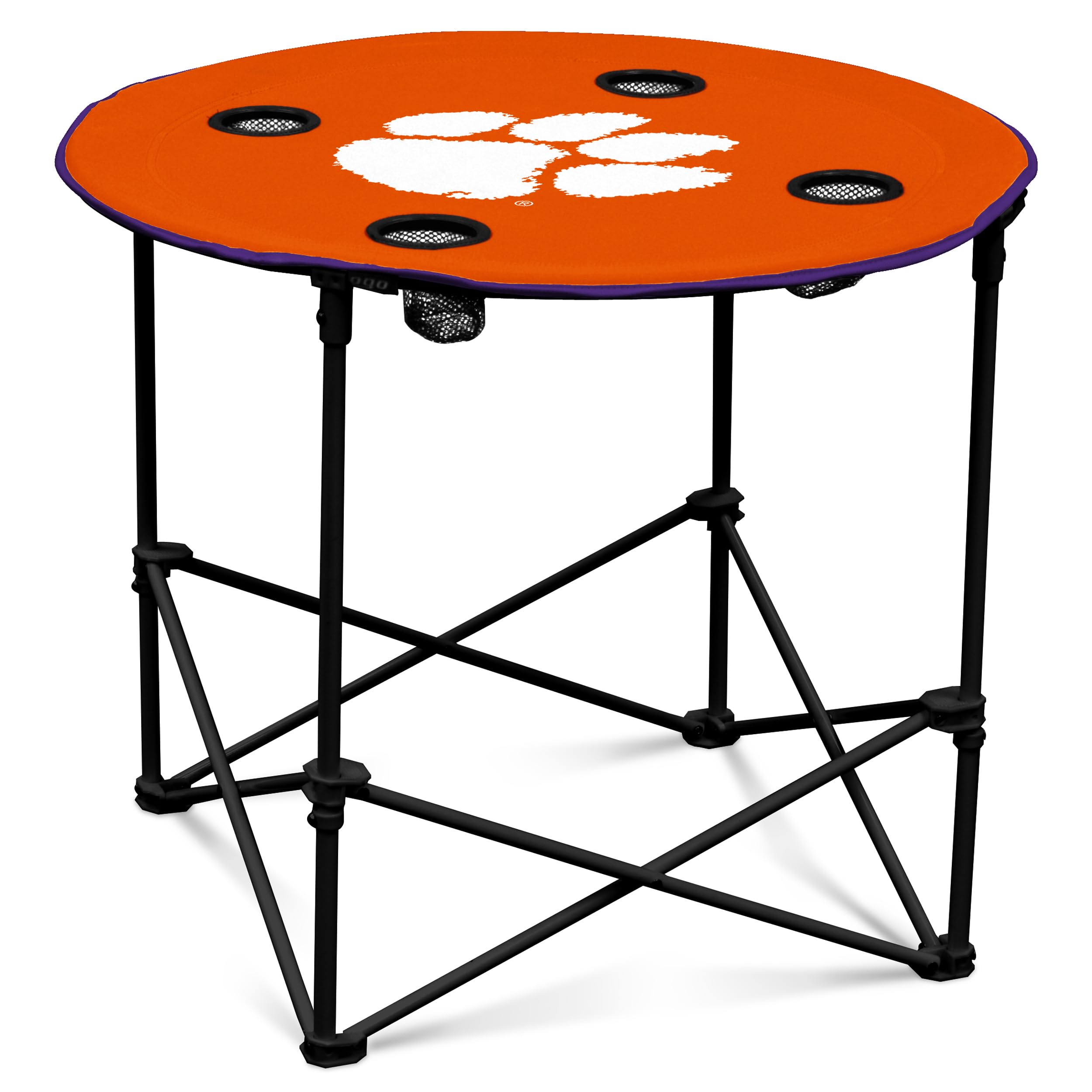 Logo Brands NCAA Clemson Tigers Round Tailgating Table – Portable with Foldable Legs, 4 Cup Holders, Powder-Coated Steel, and 27.6" Surface Diameter, Team Color