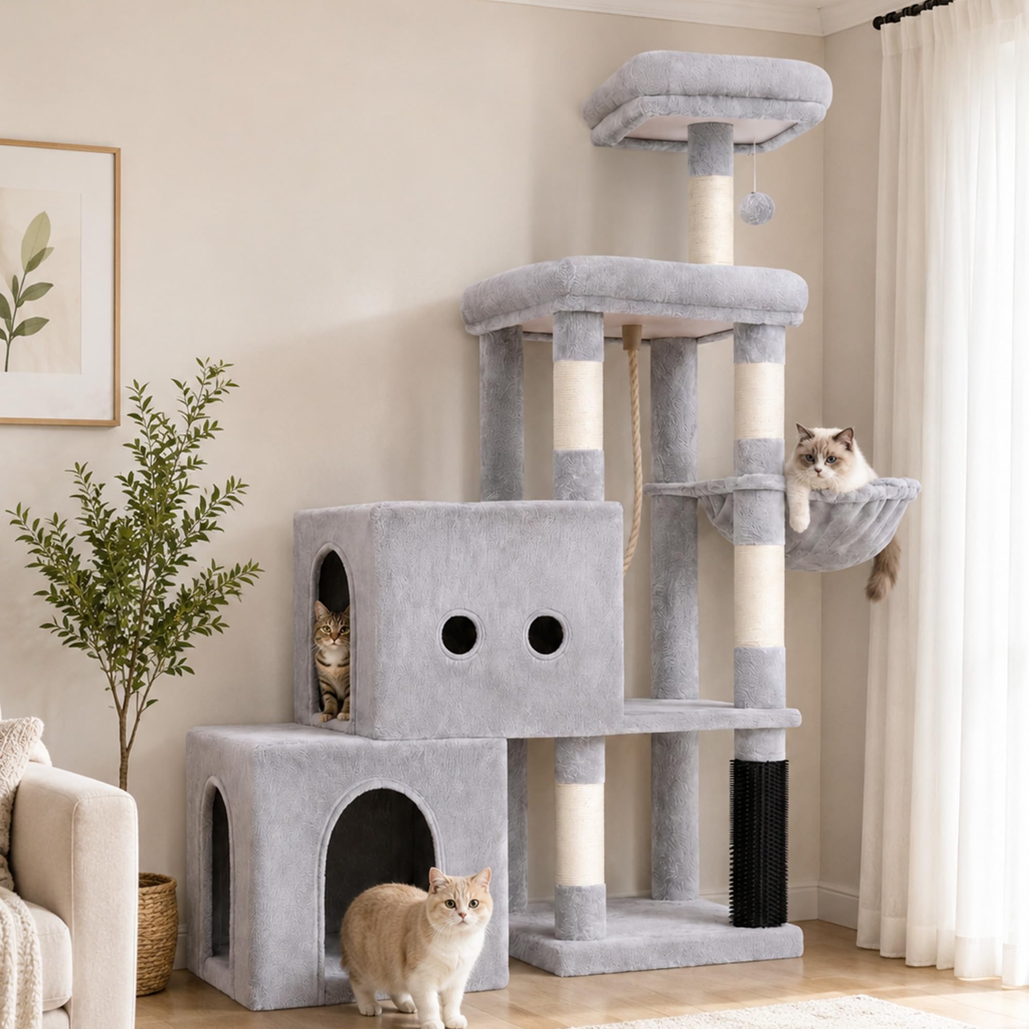 Hey‑brother Rascador para Gatos, Diseño Escalonado, 2 Cuevas, MPJ061W | 130cm Árbol para Gatos, 2 Plataformas, Cesta, Cepillo para Mascotas, para Gato de Interior, Gris Claro
