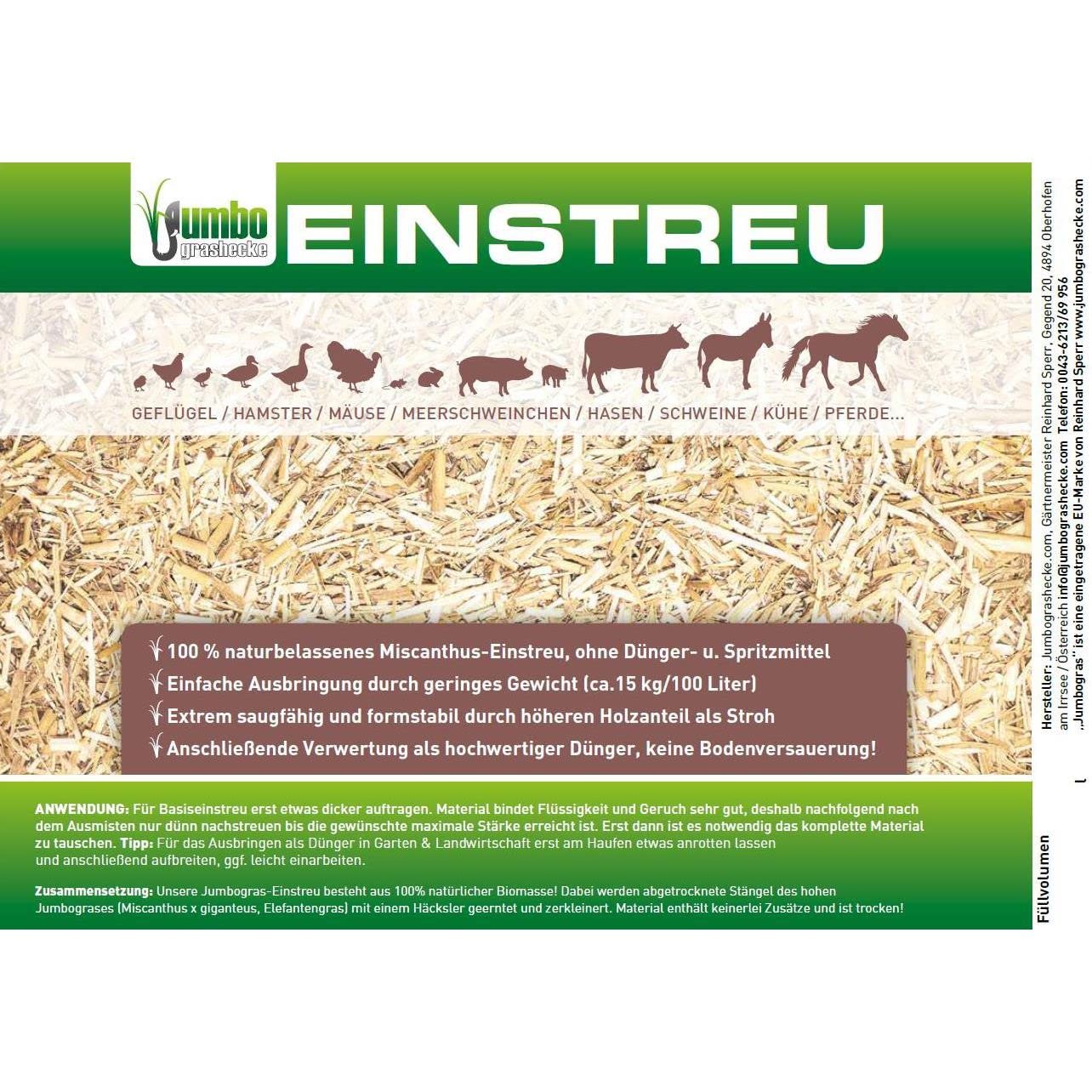 JUMBOGRAS Miscanthus Kleintier Einstreu 6x 20 L – Elefantengras, Chinagras Häckselgut – besonders saugfähig & geruchsbindend – günstige Alternative zu Stroh, Sägespänen & Holzspänen
